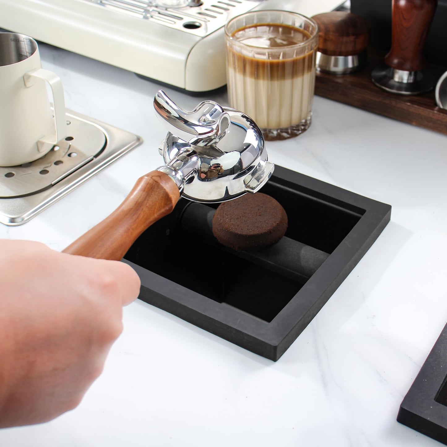 DIBTSA Espresso Coffee Ground Knock Box Chute, Built-in Desktop Waste Bucket, Stainless Steel Bottomless Knocking Residue Box (Rectangle)