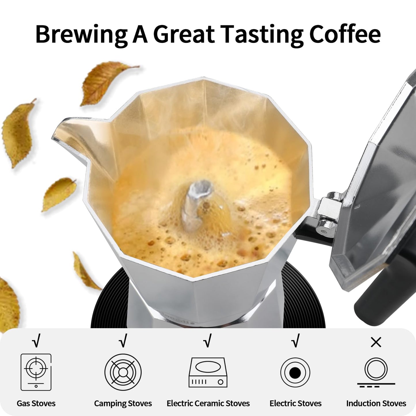 Mongdio Stovetop Espresso Maker Moka Pot, Stove Top Cuban Coffee Maker, Italian Greca Mocha Pot, 9 Espresso Cups, 15 oz - Silver