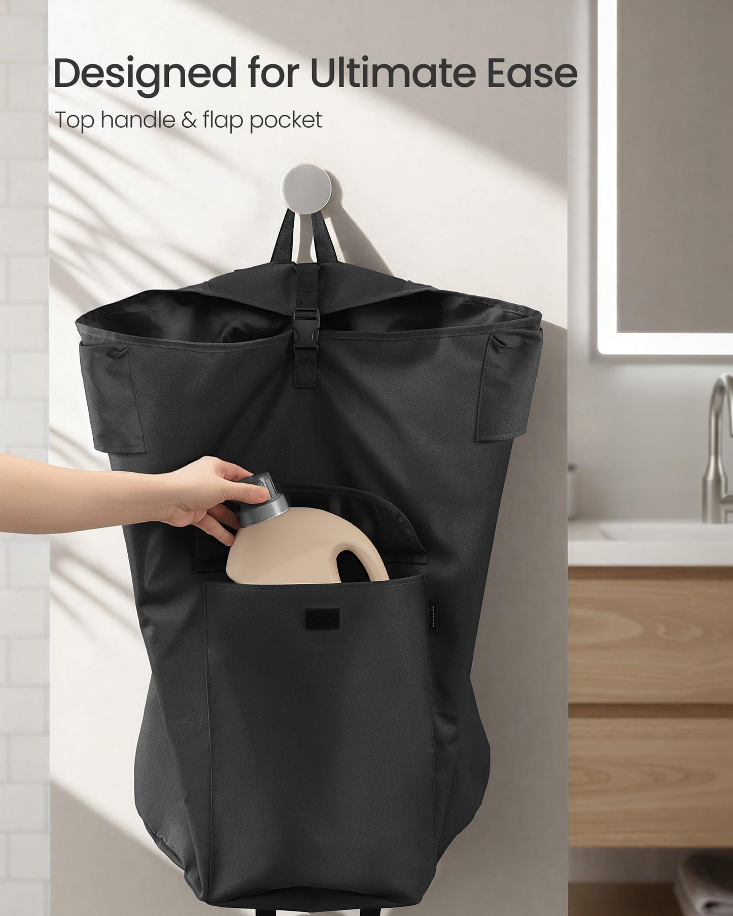SONGMICS Laundry Bag with Stand, Laundry Backpack 31.7 Gallons (120 L), Heavy-Duty, Large with Extendable Top, Oxford Fabric, Wide Shoulder Straps and Flap Pocket, Ink Black ULCB102BH01