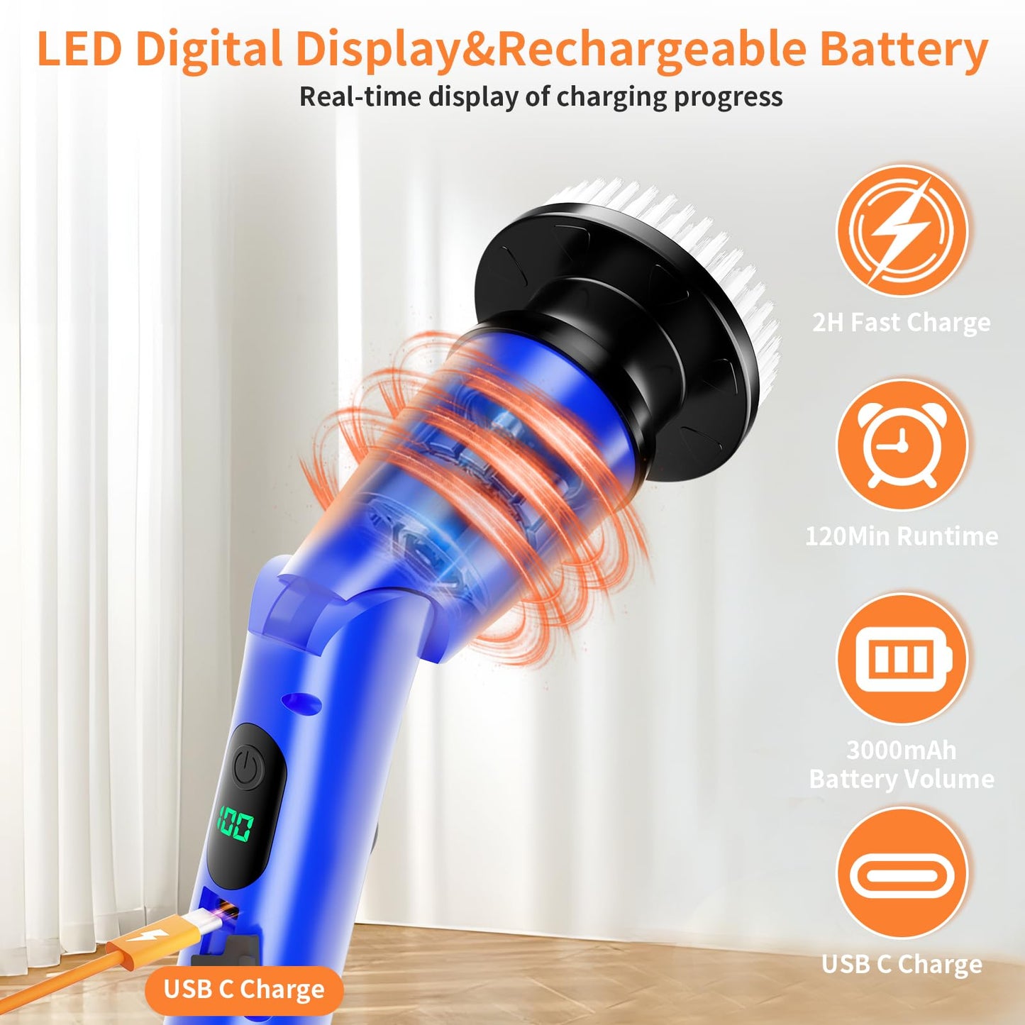 11 in 1 Electric Spin Scrubber Cordless Cleaning Brush 3 Adjustable Angles 2 Adjustable Speeds LED Display Shower Cleaner Brush Supplies Extension Long Handle for Bathroom Floor Tile Toilet Waterproof