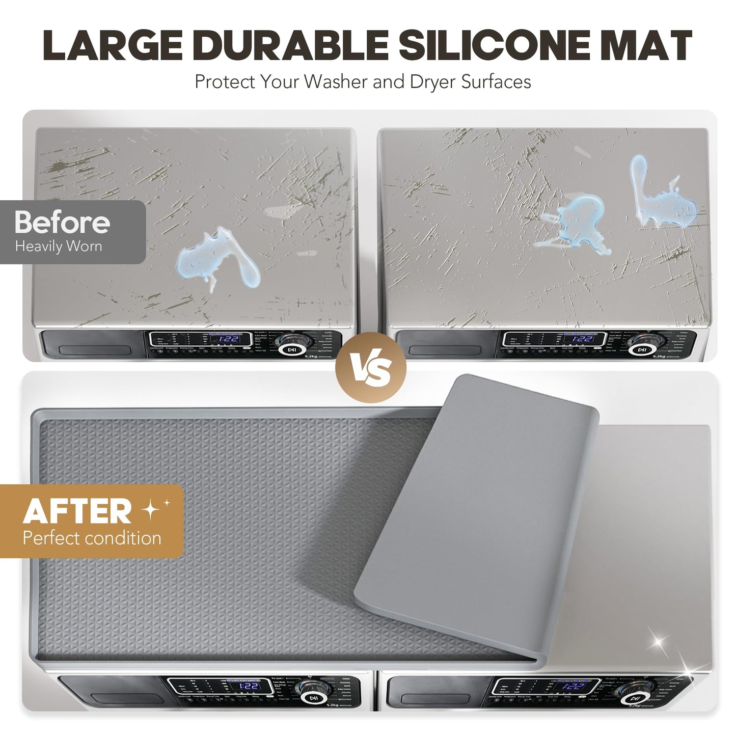 Washer Dryer Countertop, 54" x 27.5" Large Washer and Dryer Covers for The Top, Non-Slip Waterproof Silicone Dryer Top Protector Mat, Washer Dryer Topper for Laundry Room Kitchen Home（Gray）