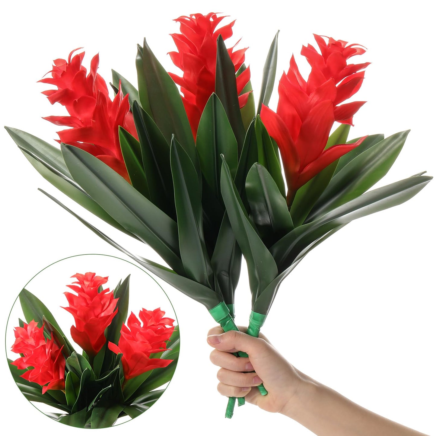 Hotop 6 Pack 16'' Artificial Tropical Bromeliad Flower Fake Ginger Torch Red/Yellow Bromeliad Plant New House Gift for Indoor Outdoor Patio Garden Home Decor (Red)