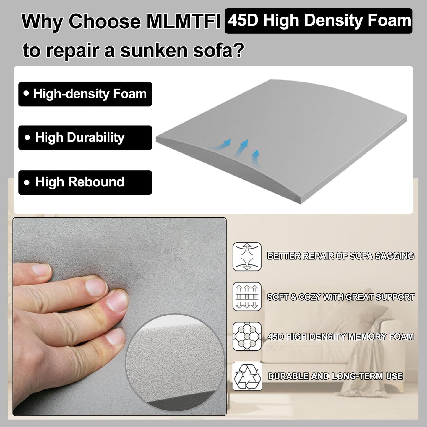 MLMTFI 22" x 22" Couch Cushion Support for Sagging Seat, 3 PCS Large Size Insert Sofa Cushion Support for Better Lift, 45D High-Density Foam Couch Replacement for Furniture Seat Sagging Repair, Grey