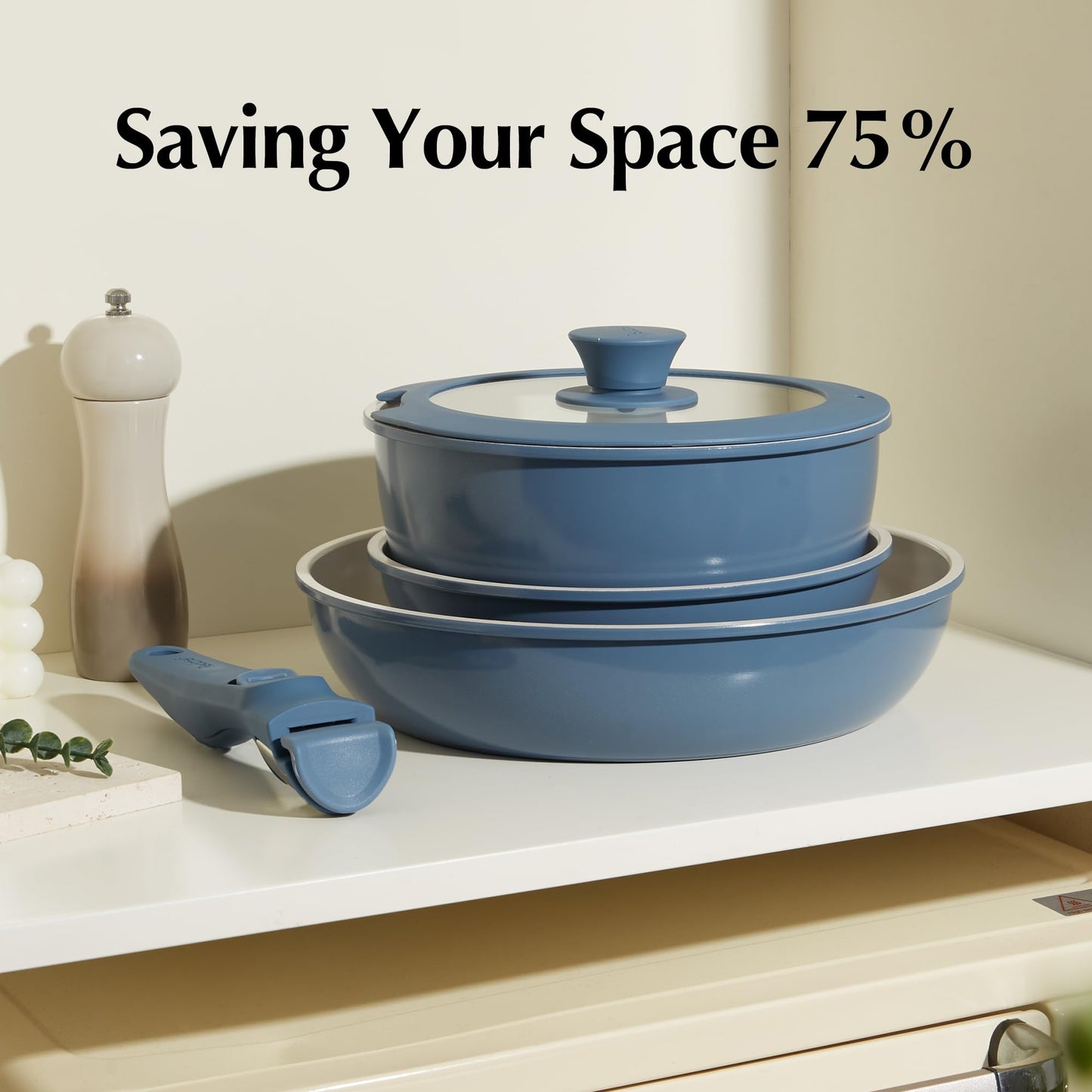 Redchef Ceramic Cookware Set, Removable Handle Pots and Pans Non-Stick, Rv Cookware Set, Non-Toxic Pots and Pans Set No PFAS, PTFE, PFOA, Detachable Pots and Pans, Dishwasher & Oven Safe(Blue)
