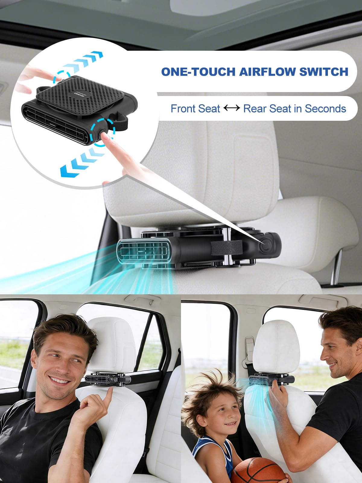 SEAINGO Car Fan for Front and Back Seat, USB Powered (No Battery, Not Rechargeable), Headrest Mount Cooling Fan with Front/Rear Airflow Switch and 3 Speeds, Fits Headrest Posts Spaced 4.6–6.2 in