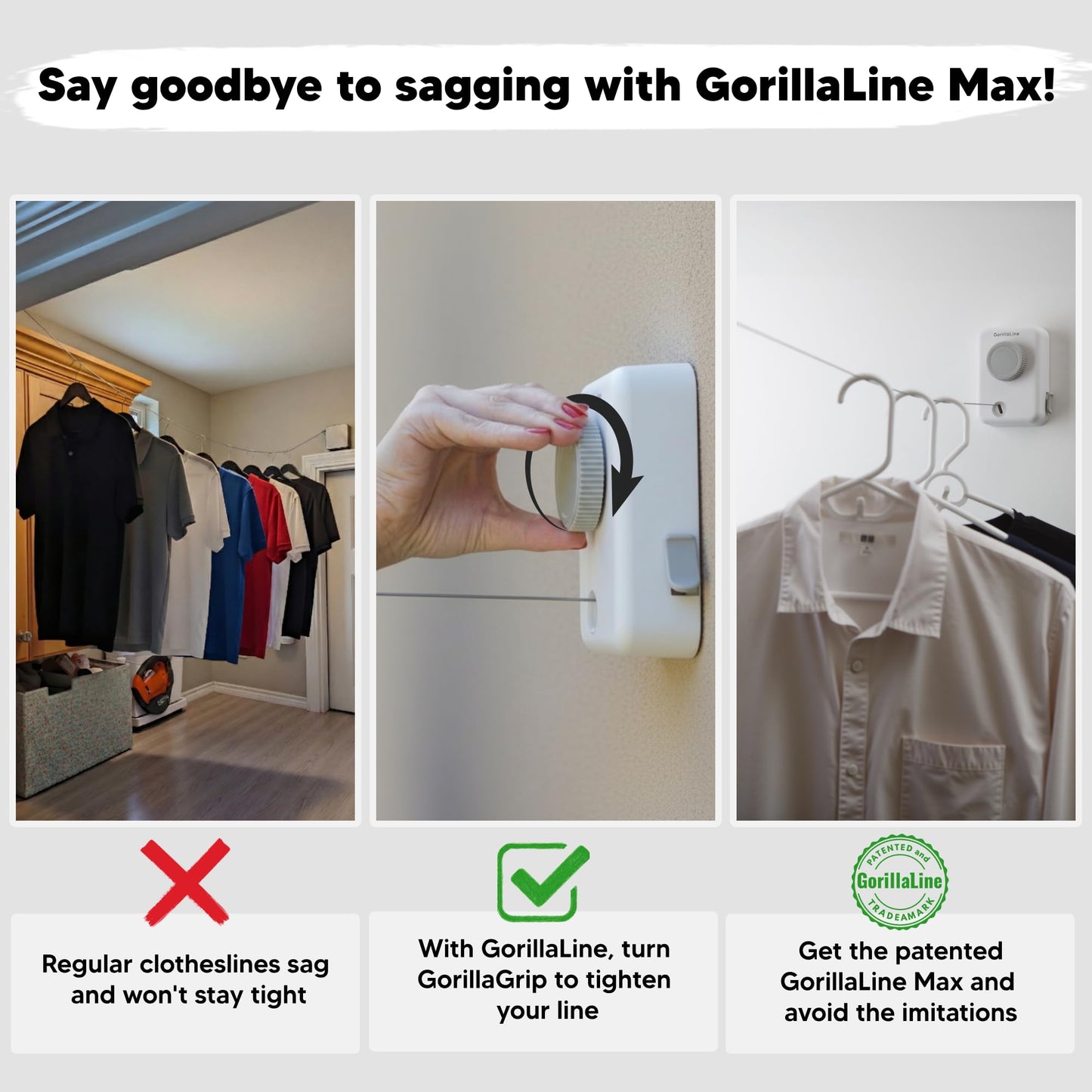 GorillaLine Max – Retractable Clothesline Indoor Outdoor, Non-Sagging Heavy Duty Clothes Drying Line, Wall Mounted Drying Rack, Air Dry Clothing, Max Tighten with GorillaGrip