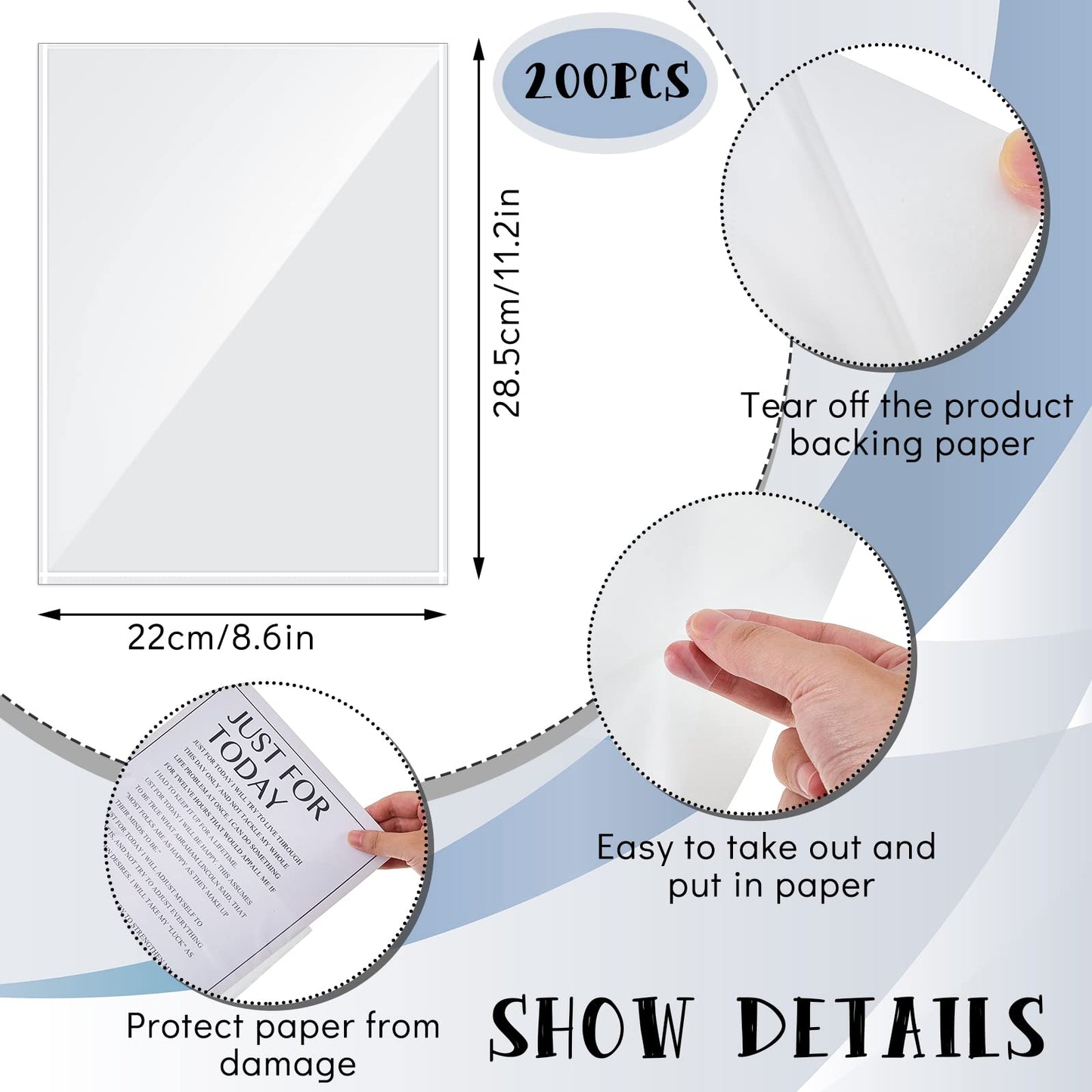 Gueevin 200 Pcs 8.5 x 11 Inch Self Adhesive Display Pockets Peel and Stick Clear Paper Sleeves Wall and Door Communication Clear Adhesive Sheet Protector Letter Size Plastic Sheet Protectors