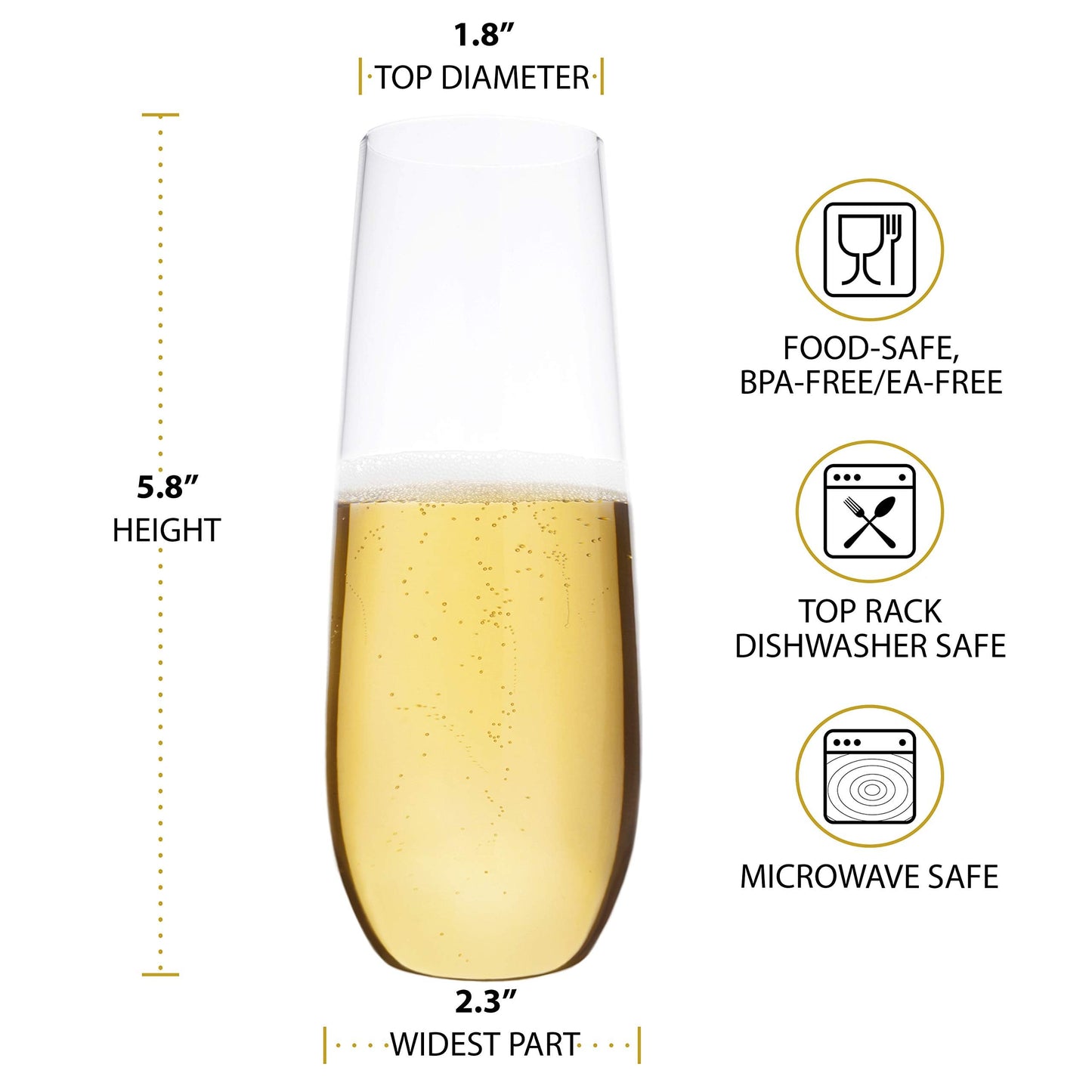 Bravario Plastic Champagne Flutes, Heavy Duty Unbreakable Stemless Tritan Glasses, BPA-free, Reusable, 8.5 oz, Set of 8