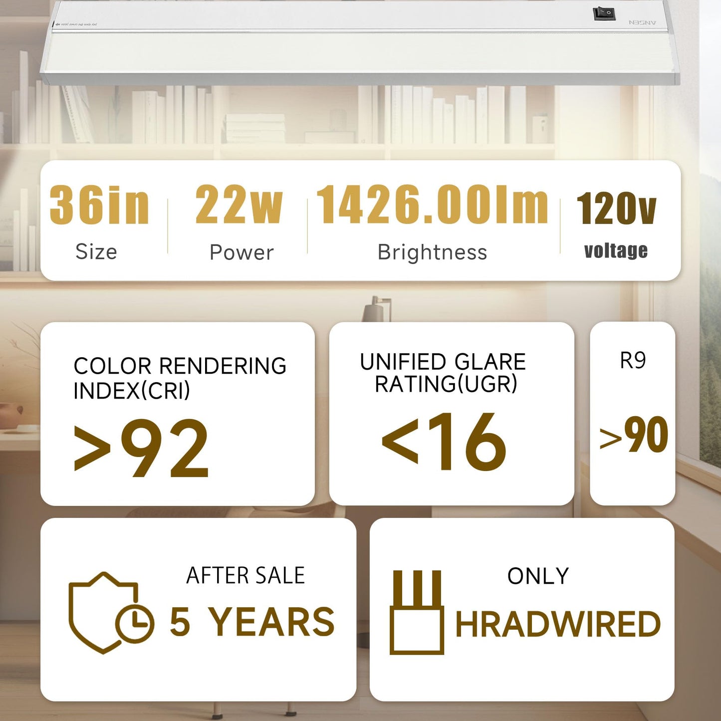 Ansen Hardwired Under Cabinet Lighting, 36in 22W LED Light for Kitchen/Closet, 1426lm, CRI>92, R9>90, Dimmable, 5 Color Temperature, 2700K-5000K(Warm White, Cool White, Daylight)