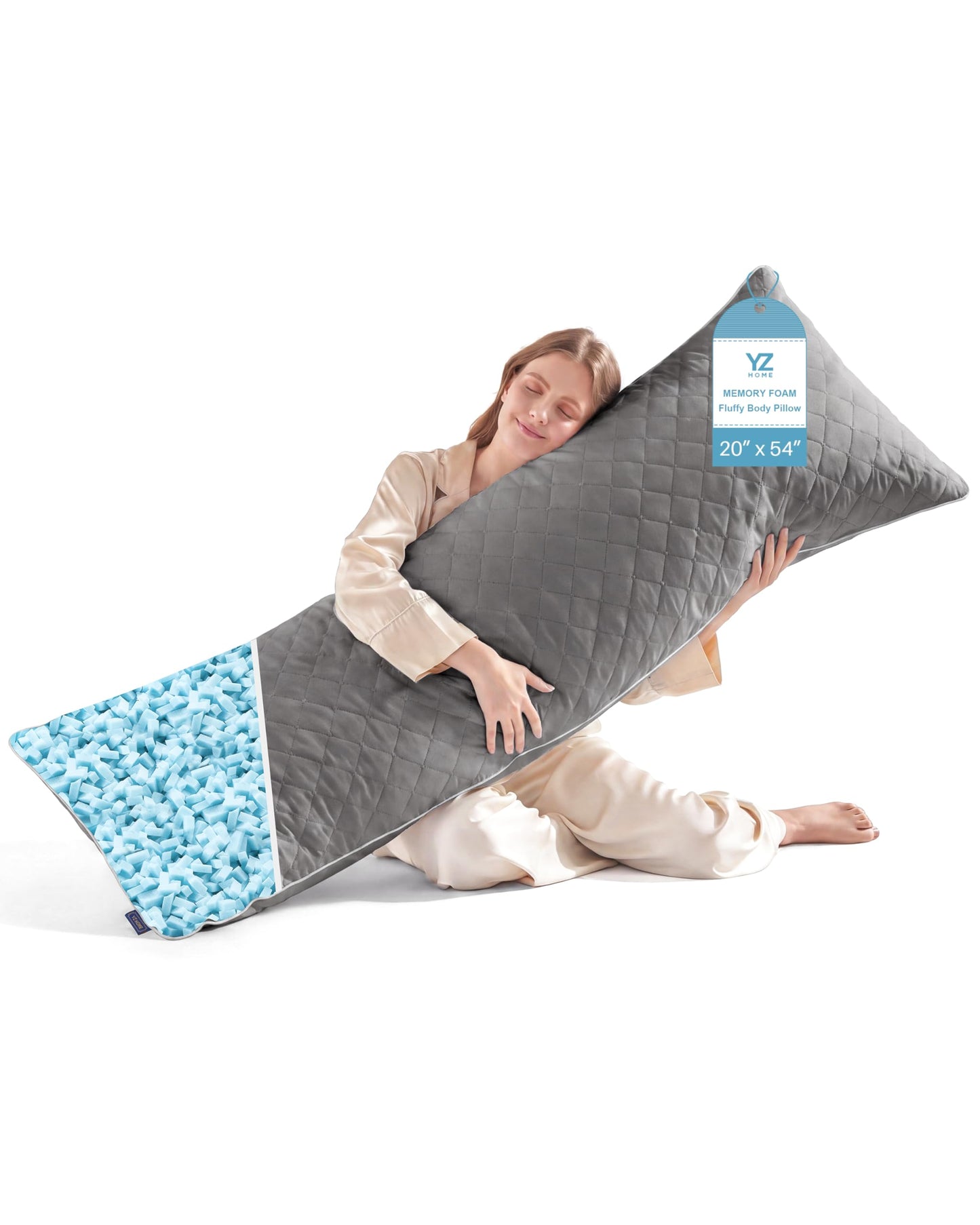 YZ HOME Long Body Pillow for Adults, Firm Body Pillow Shredded Memory Foam, Adjustable Height,Support for Side Sleeping & Pregnant Women(Grey, 20x54 Inch)