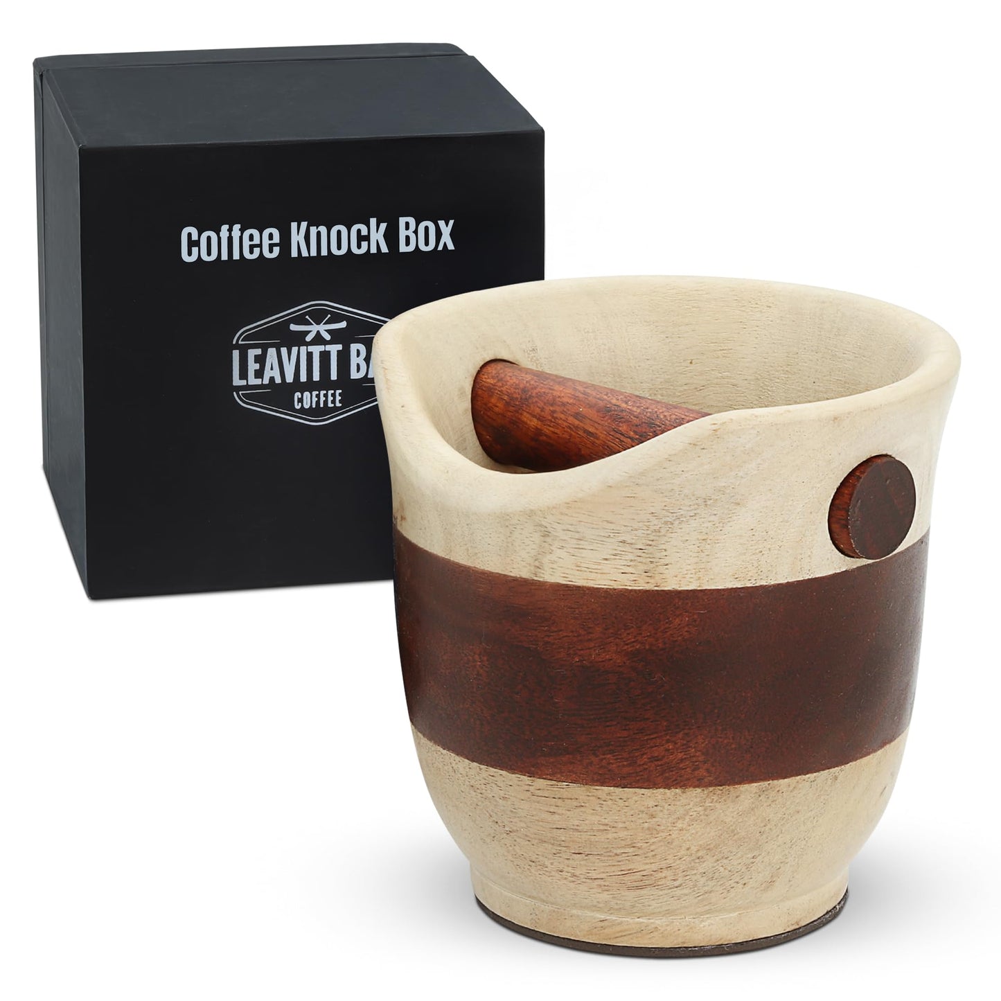 Leavitt Bay Espresso Knock Box – Dual Tone Mango & Acacia Wood Coffee Knock Box – Handcrafted, Durable Coffee Grounds Disposal Container w/Skid Proof Felt Pad - Ideal Barista Tools for Cafes & More
