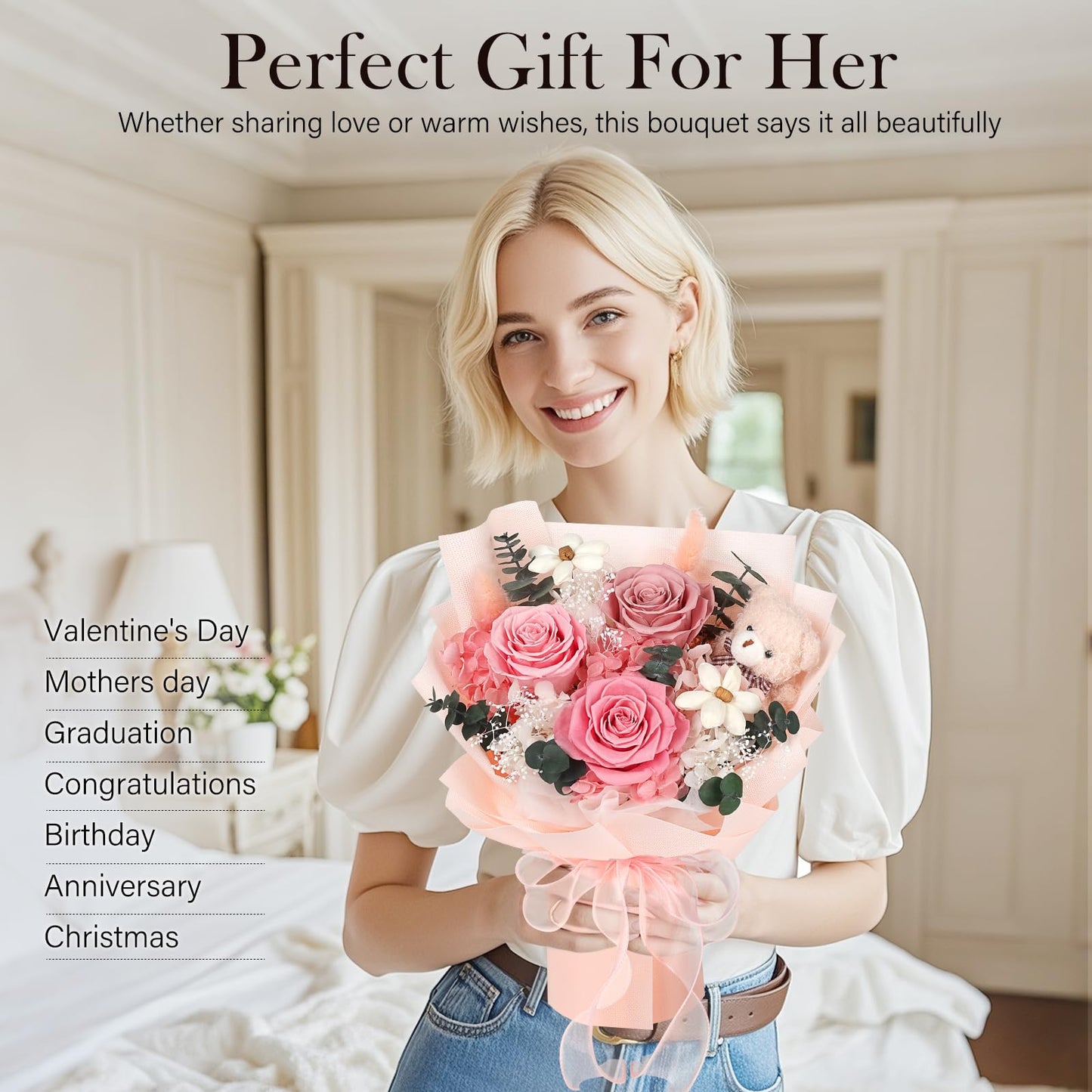 Preserved Flowers Bouquet with Bear, 3 Real Forever Flowers for Delivery, Long-Lasting Pink Eteranl Roses Bouquet, Anniversary Birthday Gifts for Women Mom Her Girlfriend Wife