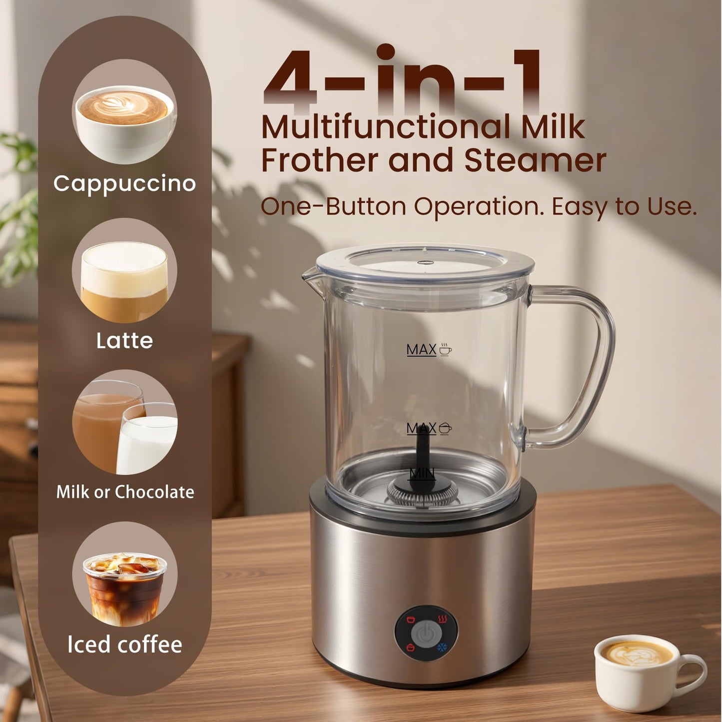 Detachable Milk Frother, 4 in 1 Milk Frother and Steamer, Dishwasher Safe, Glass Frother 16.9oz Warm and Cold Foam Maker, Electric Milk Frother for Coffee, Latte, Hot Chocolate (Silver)