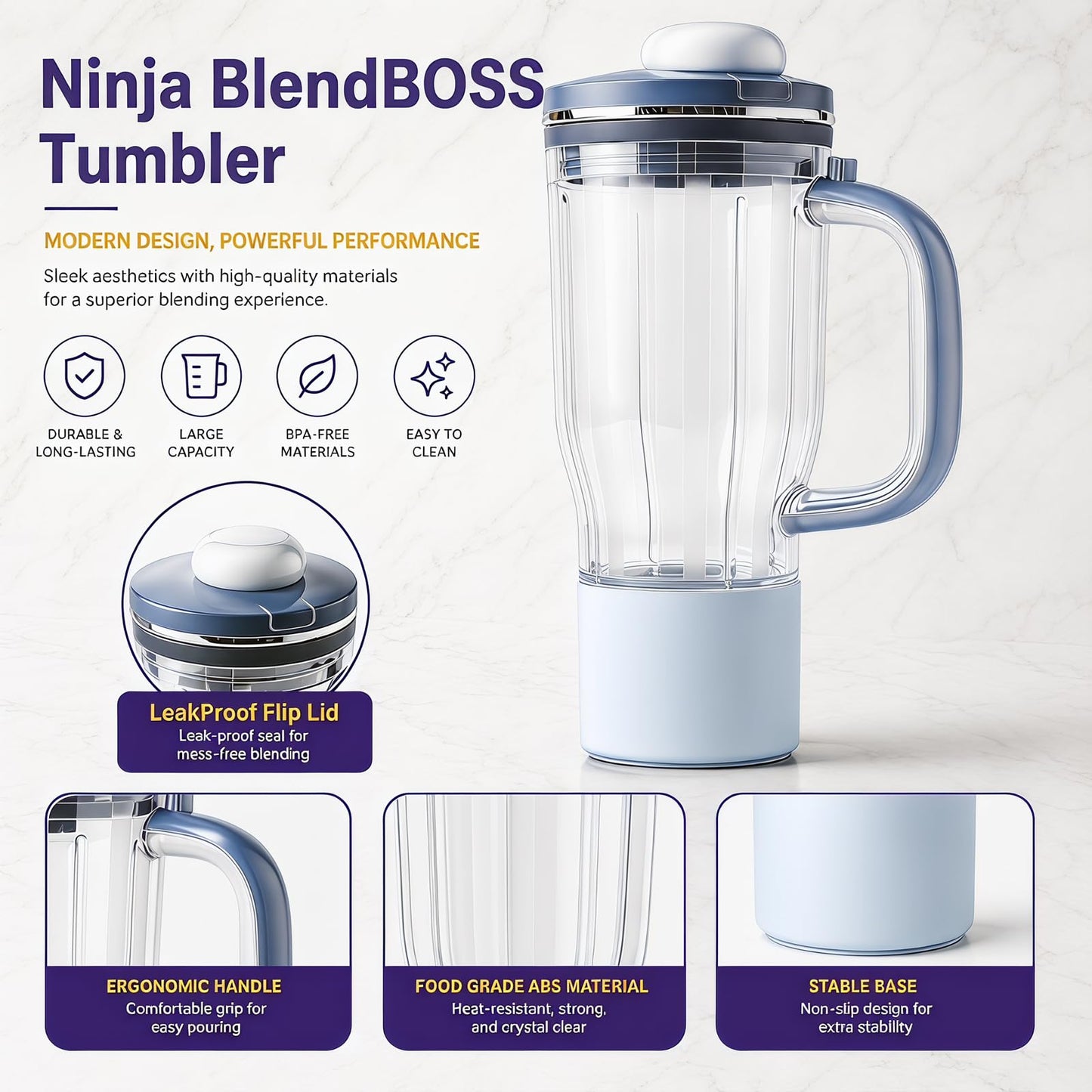 Replacement Tumbler Compatible with Ninja Blend BOSS, 26oz Ninja Blender Smoothie & Frozen Drinks Extra Cups Travel Tumbler with Leakproof Lid Chug Spout Blue