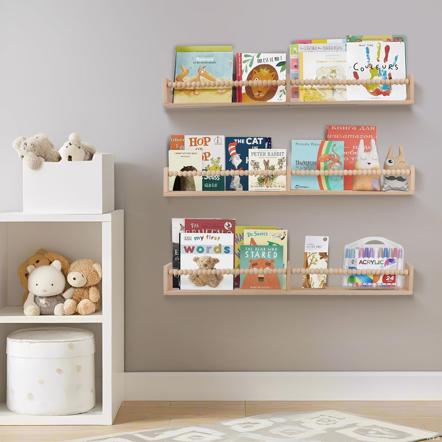 birola Nursery Book Shelves for Kids Rooms - 32 Inches Wall Book Shelves Set of 3, Space-Saving Nursery Shelves with Beads Design for Kids Room, Bedroom and Study Room(Natural)
