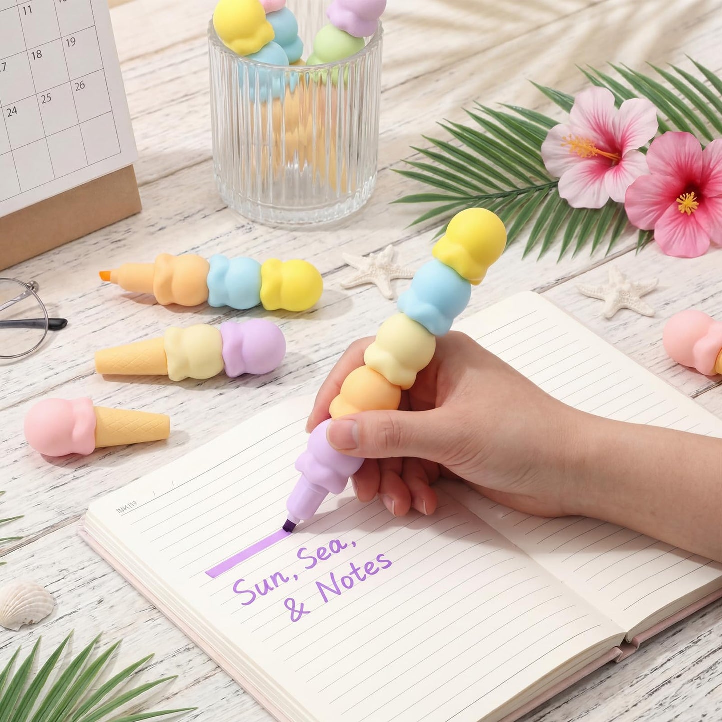 Eaasty 24 Sets End of Year Gifts for Students Bulk Ice Cream Pens with Greeting Cards Summer Gifts from Teacher for Party Favor Supplies Classroom Rewards Birthday Exchange Prizes (Highlighter)