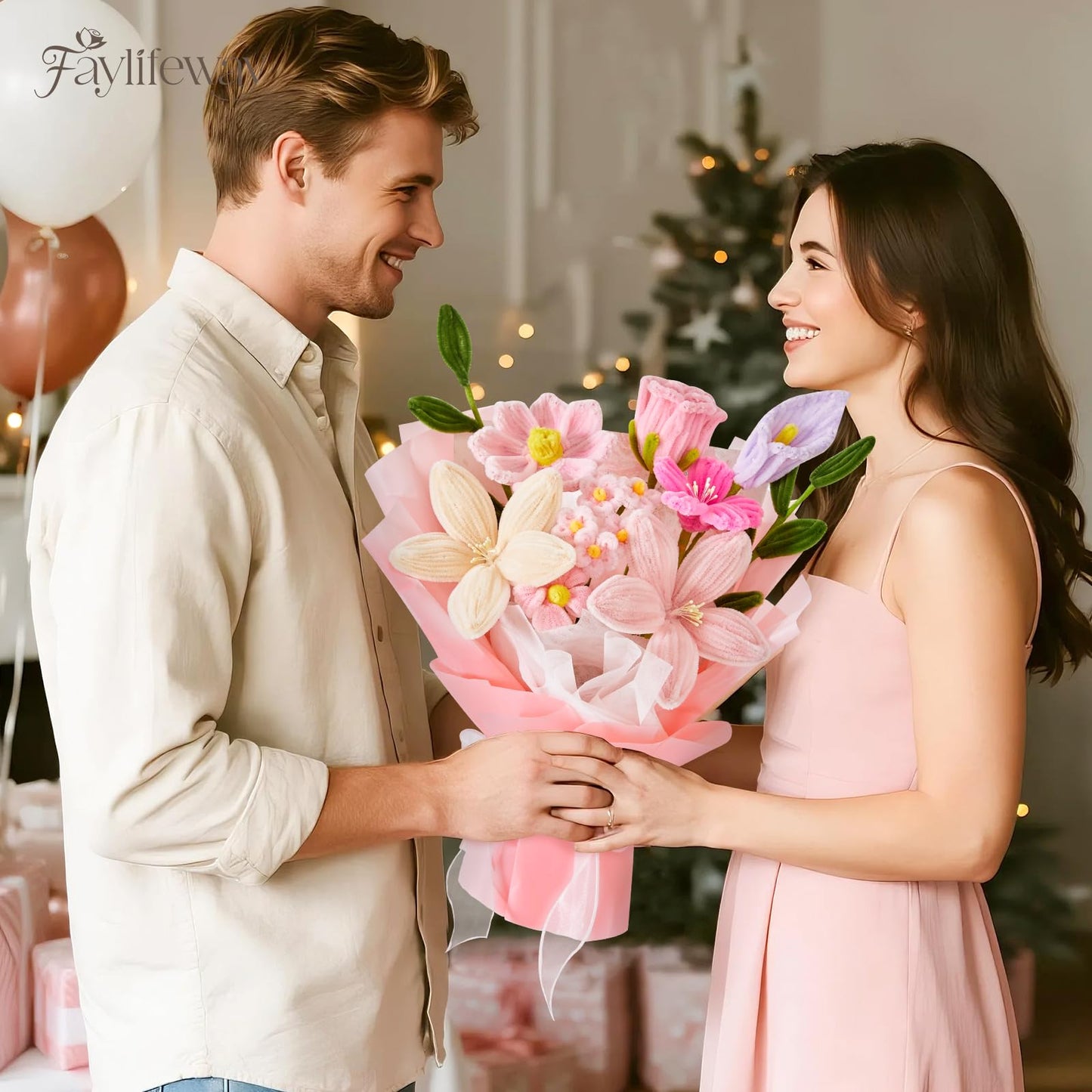 Faylifeway Pipe Cleaner Flower Bouquet Already Made, Pink Chenille Stem Flowers, Flower Bouquet for Mom Women, Birthday Anniversary Graduation Gift(Include Card)