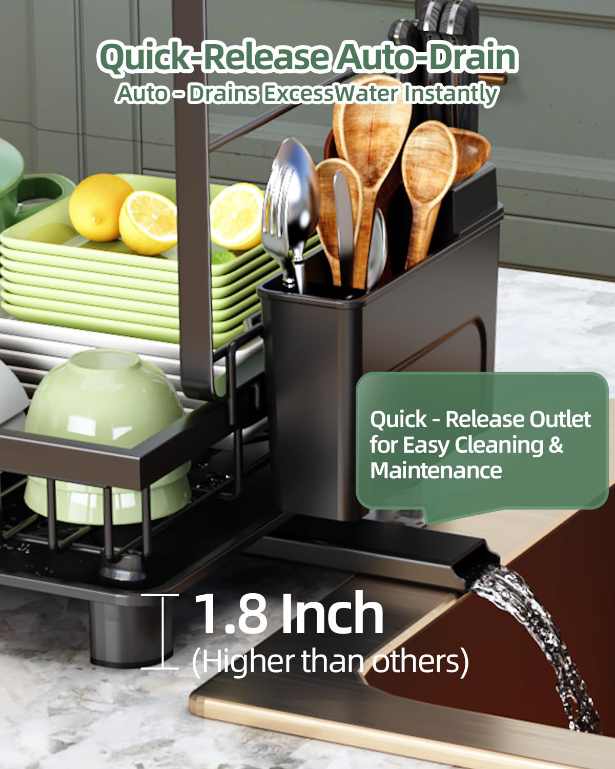 Nfnoyp Dish Drying Rack, 2 Tier Space-Saving Dish Rack, Multifunctional Dish Drainer for Kitchen Counter with Drainboard/Utensil/Cup Holder Rustproof Carbon Steel, Black