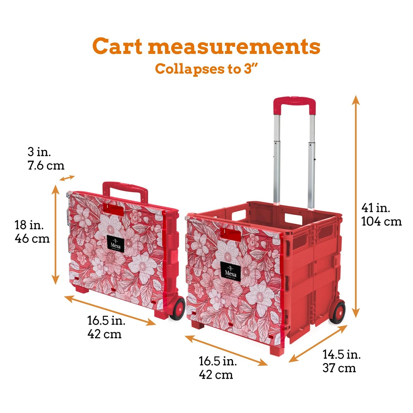 Inspired Living Ultra-Slim Rolling Collapsible Storage Pack-N-Roll Utility-carts, with Telescopic Handle, for Home, Garden, Shopping, Office, School use, Large, Red, White Flower Print