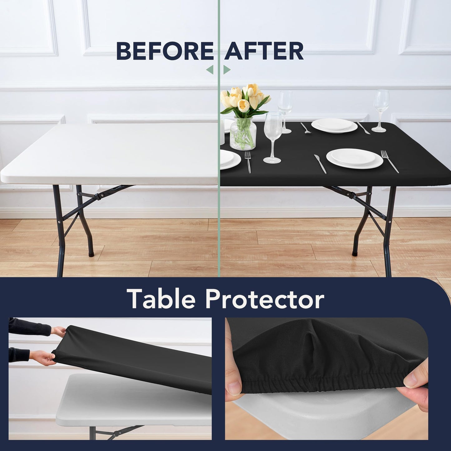 RichSets 6ft Fitted Tablecloth Rectangle - 6 Pack Outdoor Picnic Table Covers with Elastic, Washable Folding Table Protector for Party Banquet Graduation, 30x72 Inch, Black