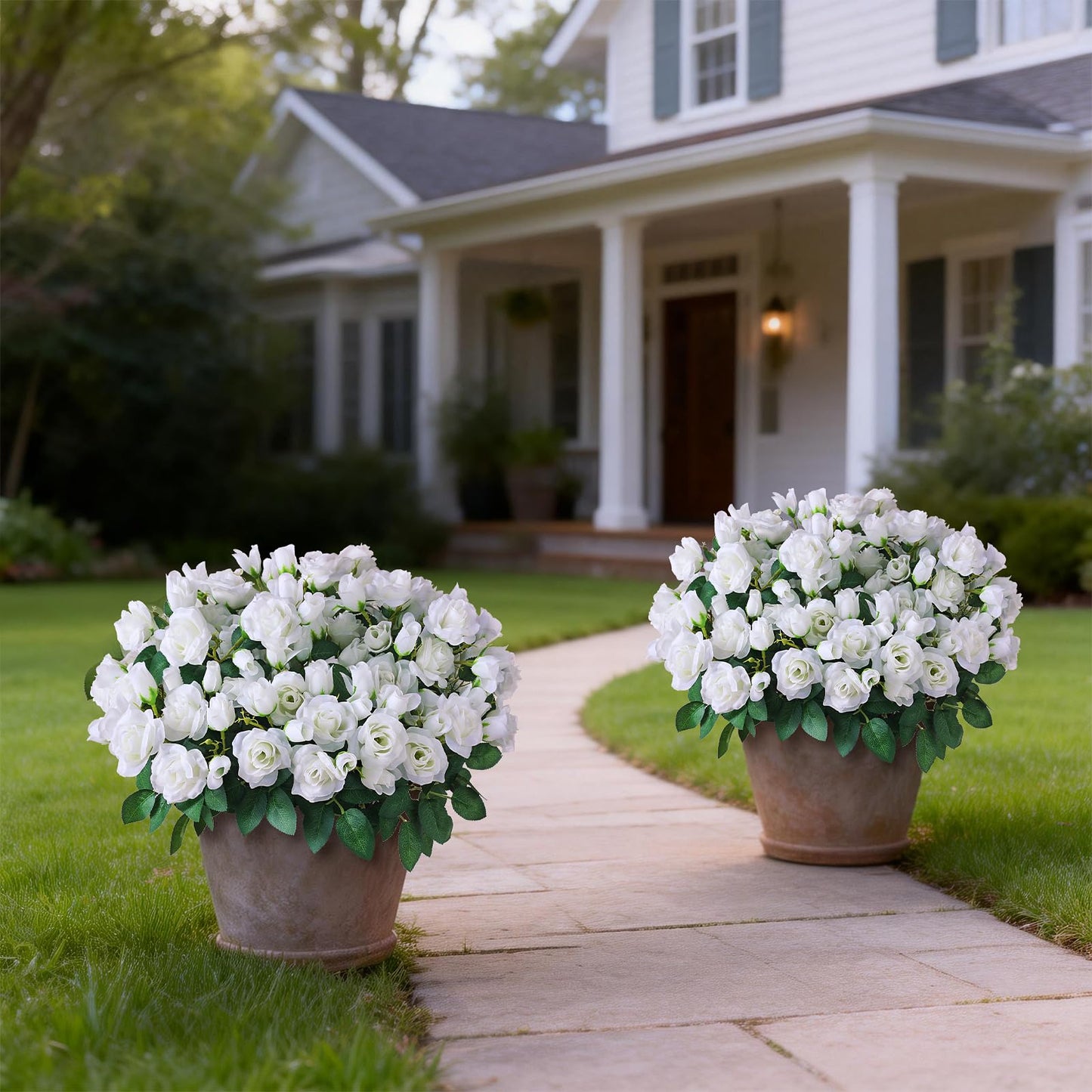 Juxdp 2 Set of Artificial Rose Topiary Trees - Faux Silk Flower Potted Plant, UV Resistant Fake Outdoor Rose Bush for Front Door, Farmhouse, Porch, Garden Decor (White)