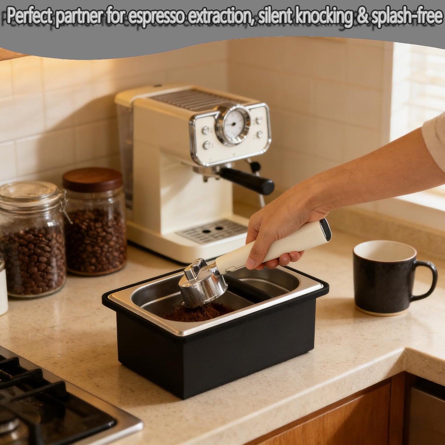 forusom Espresso Knock Box,Stainless Steel Knocker Storage Box, Large Capacity Coffee Container,With Removable Shock-Absorbent Knock Bar and Anti-Slip Base, Espresso Machine Tools for Coffee Grinder