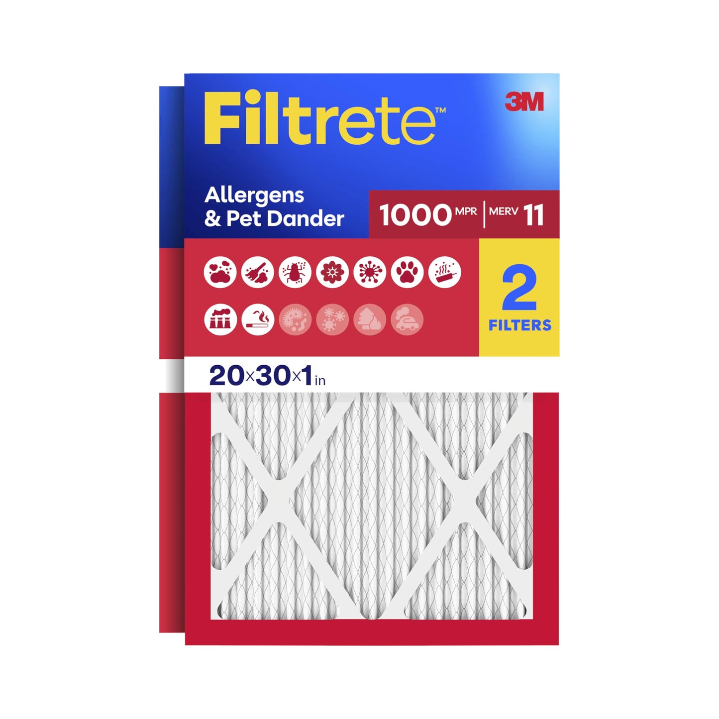 Filtrete 20x30x1 Air Filter, MERV 11, MPR 1000, Allergens & Pet Dander, 3-Month AC and Furnace Filters, Cleaner Air, Reliable Airflow, 2 HVAC Filters (Actual Size 19.68 x 29.68 x 0.81 in)