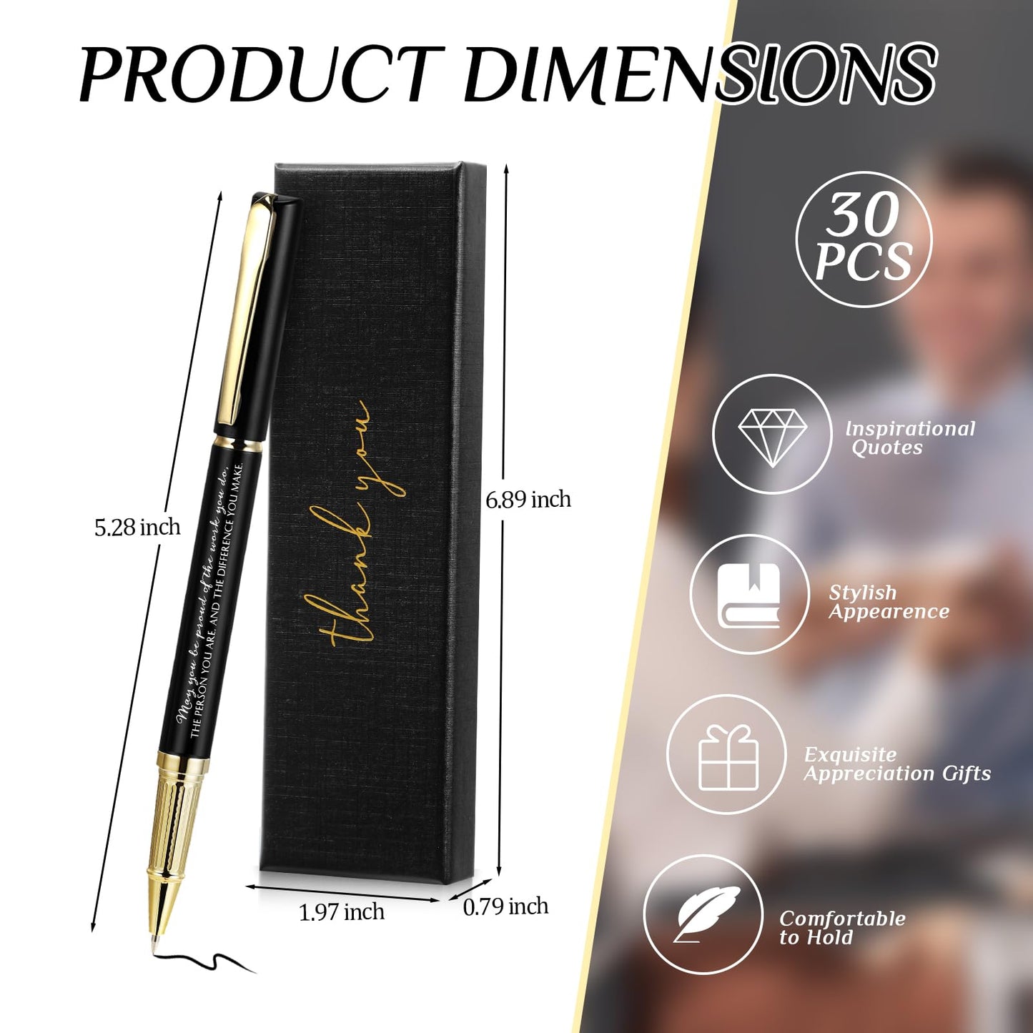 PerKoop 30Set Fathers Day Thank You Pen Employee Appreciation Ballpoint Pen with Engraved Inspirational Quote with Box for Teacher CNA Week End of Year Graduation Gift Black Ink(Black,Difference)