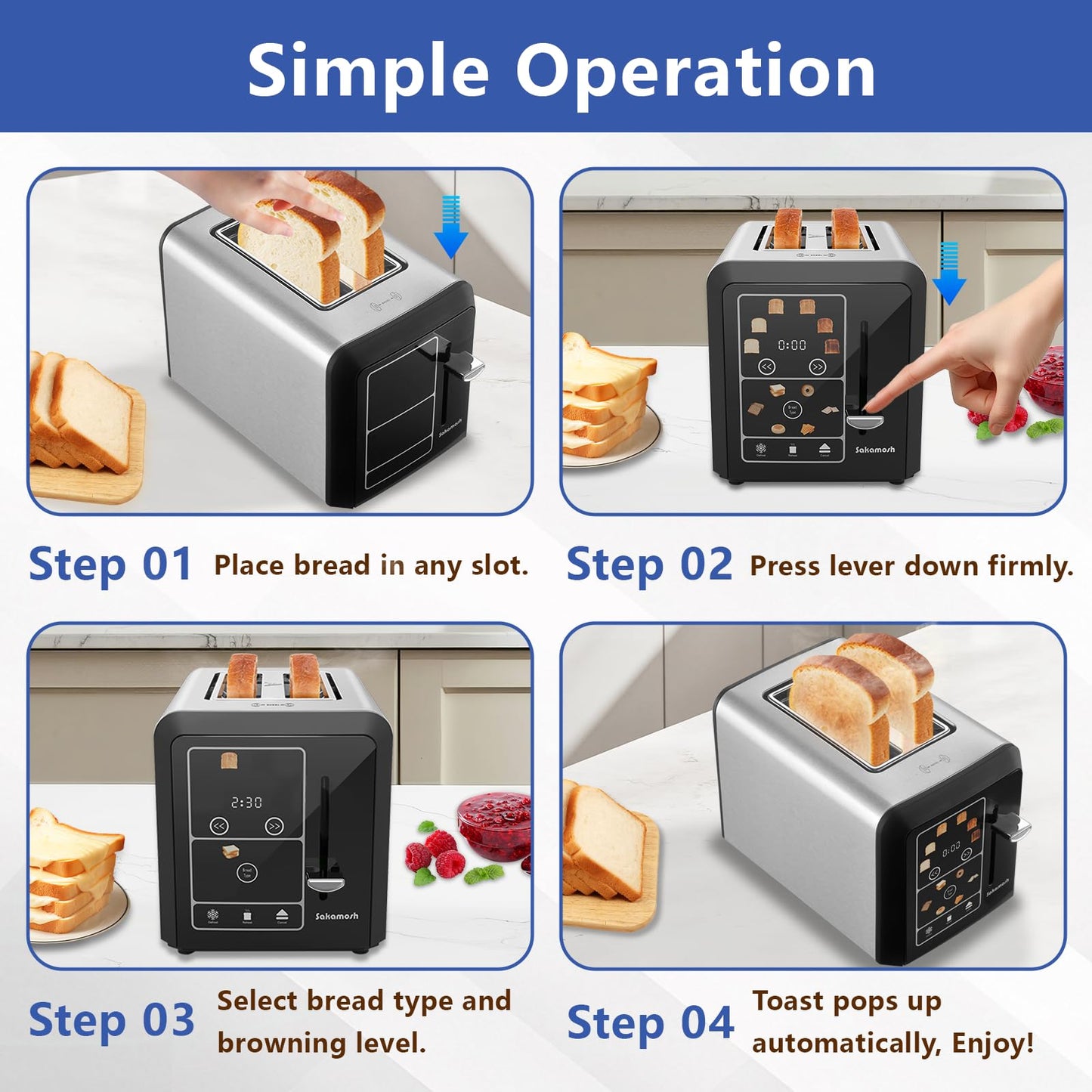 SAKAMOSH Smart Toaster 2 Slice, Touch Screen, Digital Toasters with 6 Browning Levels & 6 Bread Types, Bagel, Extra Long Wide Slots, Memory Function, Timer, 800W, Stainless Steel