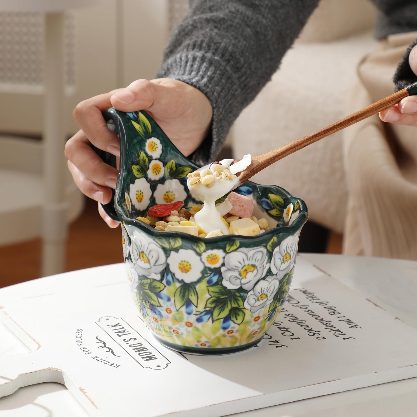 ALMA 2025 Updated 18oz Soup Bowl Microwave Safe,Floral Green Soup Bowl with Loop Handle,Unique Cereal Bowl for Soup,Yogurt,Snack,Chip,Stew,Ice cream-Country Jasmine Theme