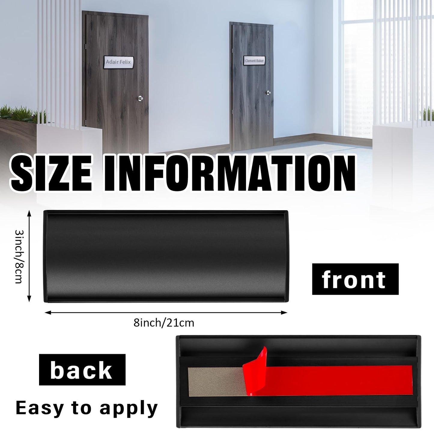 Therwen 12 Pcs Aluminum Office Name Plate Holder for Door Wall Mount 8'' x 3'' Business Sign Holder Office Door Sign Sturdy Curved with Plastic Film and Adhesive Tape (Black)