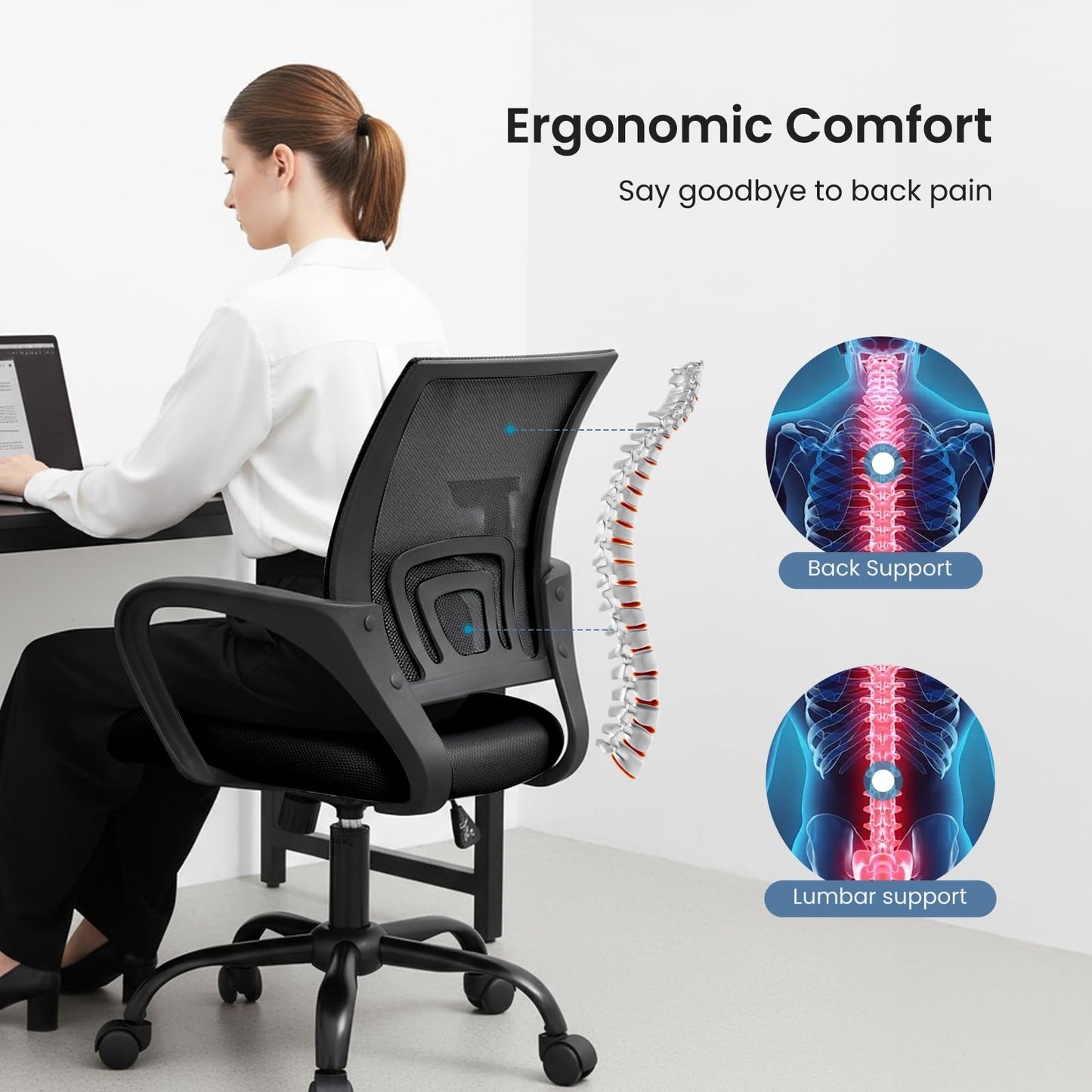 DUMOS Home Office Chair - Ergonomic Mid Back Mesh Desk Chair with Lumbar Support & Rocking Mode, Height Adjustable with Fixed Armrest, for Computer, Gaming, Meeting, 360° Swivel, Black