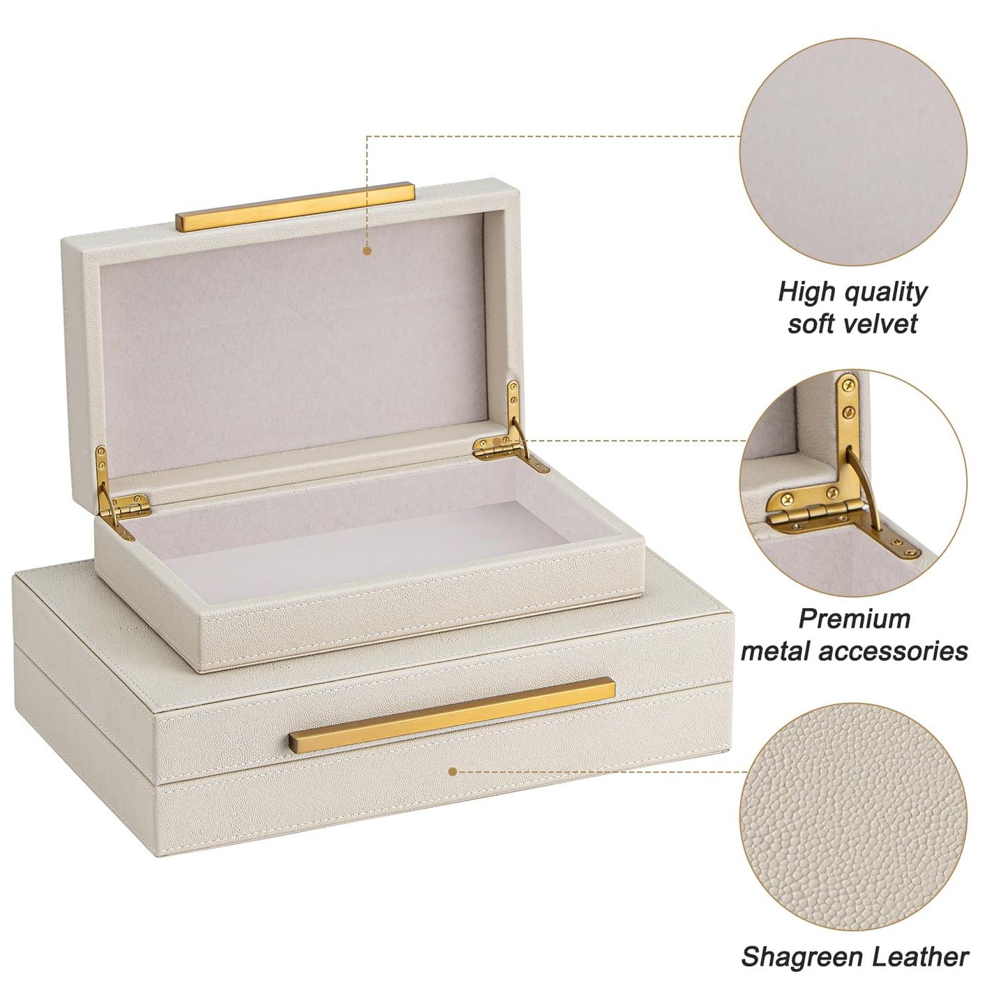 XIGEXIGE Faux Leather Large Modern Stackable Nesting Jewelry Box with Lids Organizer – Set of 2 Beige Shagreen Decorative Storage Boxes with Gold Metal Handles