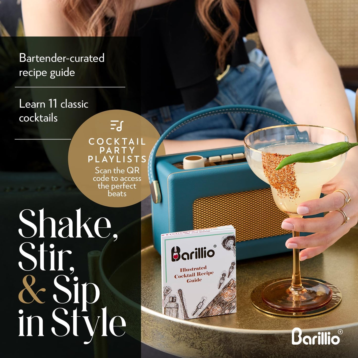 Barillio Bartender Kit - Stainless-Steel Cocktail Shaker Set w/Bamboo Stand - Mixology Bar Tools w/Drink Shaker, Mixer Spoon & Muddler for Cocktails - Home Bar Accessories - 23-Pc Bar Set - Silver