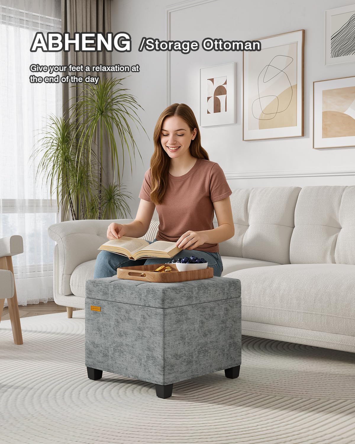 ABHENG Chenille Cover Steel Frame Ottoman with 48L Storage,17.7" x 17.7" x 17.7" Square Linen Storage Ottoman Stool Cube with Legs,for Dorm Livingroom Gray UASND641G