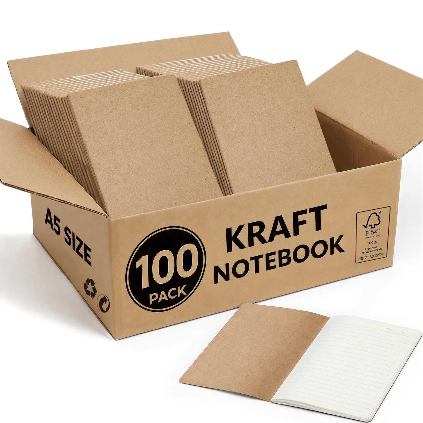 Foliom 100 Pack Kraft Notebooks Bulk A5, 60 Pages Lined Ruled Journals, 8.3x5.5 Inches, Natural Kraft Cover Composition Notebooks for School Office Students Artists