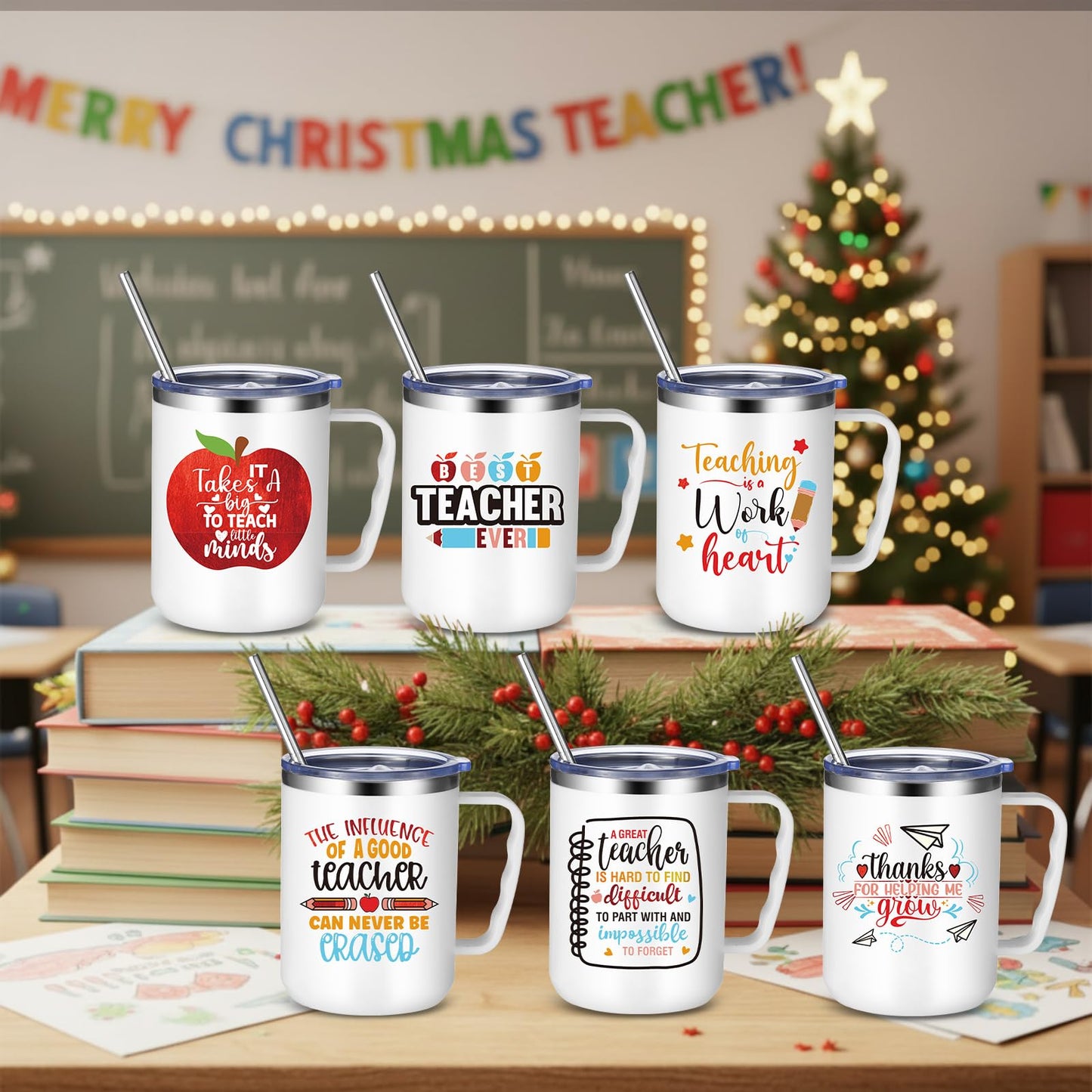 Maxcheck 6 Pcs Teacher Appreciation Gifts Mugs Bulk 16oz Thank You Teacher Stainless Steel Tumblers Inspirational Insulated Coffee Cups with Handle Lids Straw for Women Birthday Christmas