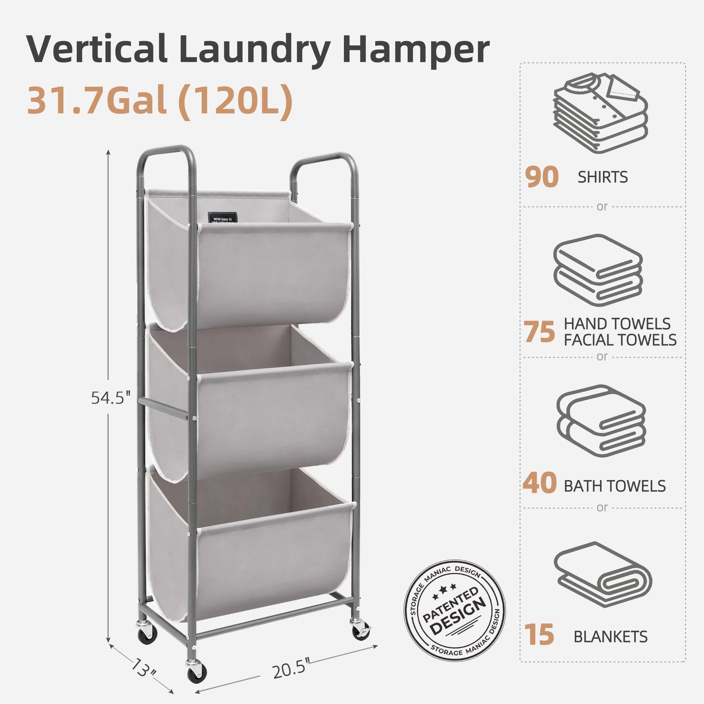 STORAGE MANIAC 120 Liters Vertical Rolling Laundry Hamper, 3 Section Laundry Sorter with Wheels and 2 Breaks, 3-tier Laundry Baskets for Small Space, Dorm, Laundry Room, Closet, Bathroom, Gray 3-tier