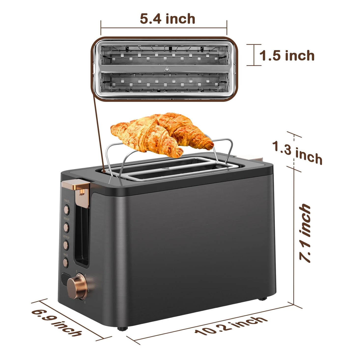 Mecity Toaster 2 Slice Stainless Steel Body Timer, Bagel/Defrost/Reheat/Cancel Functions,Warming Rack, Removable Tray, 6 Browning Settings, Extra Wide Slots, Bread Toaster, 120V 800W Grey