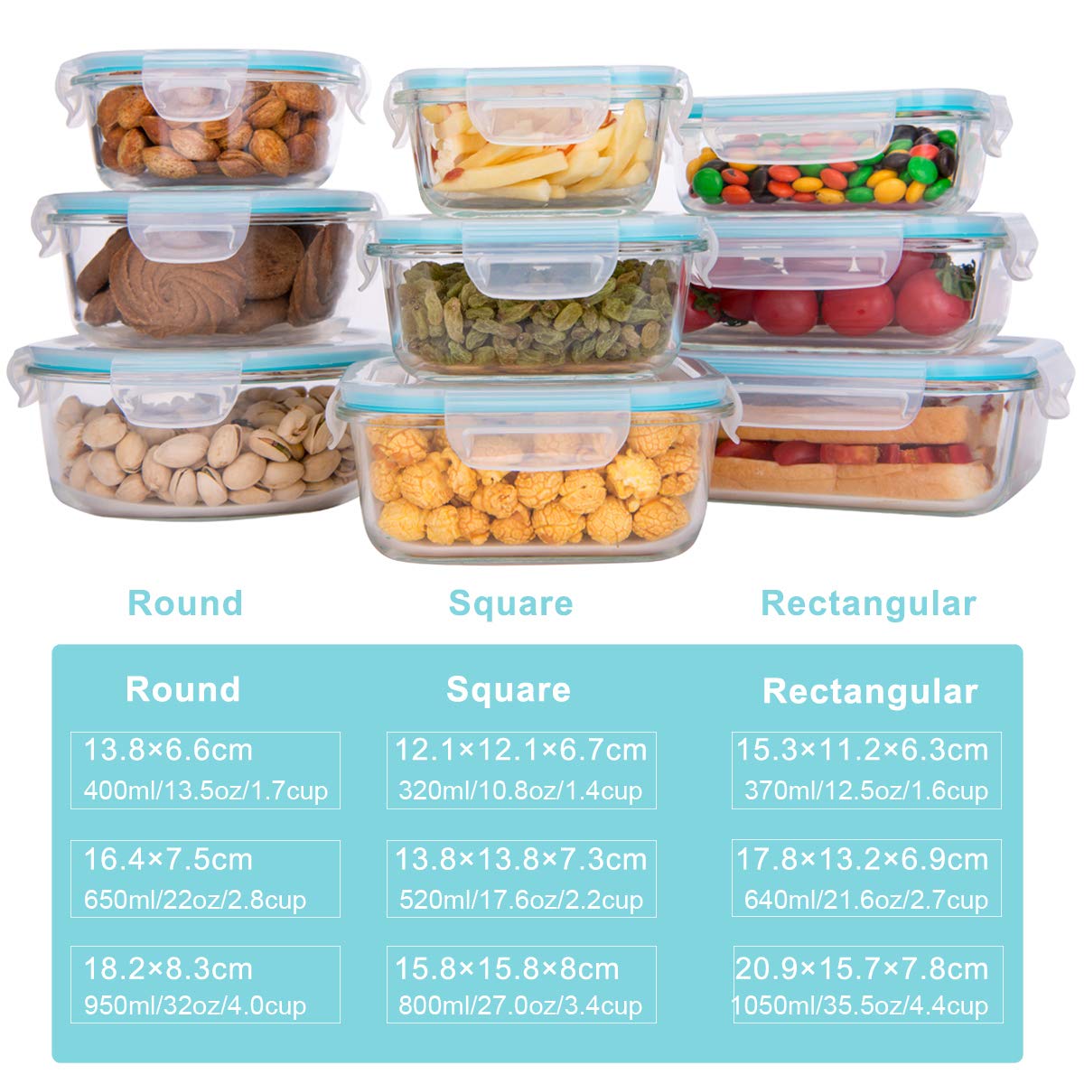 AILTEC Glass Food Storage Containers with Lids, [18 Piece] Glass Meal Prep Containers Set, Airtight Leak Proof, Oven Freezer Dishwasher Safe, BPA Free (9 Lid & 9 Container)