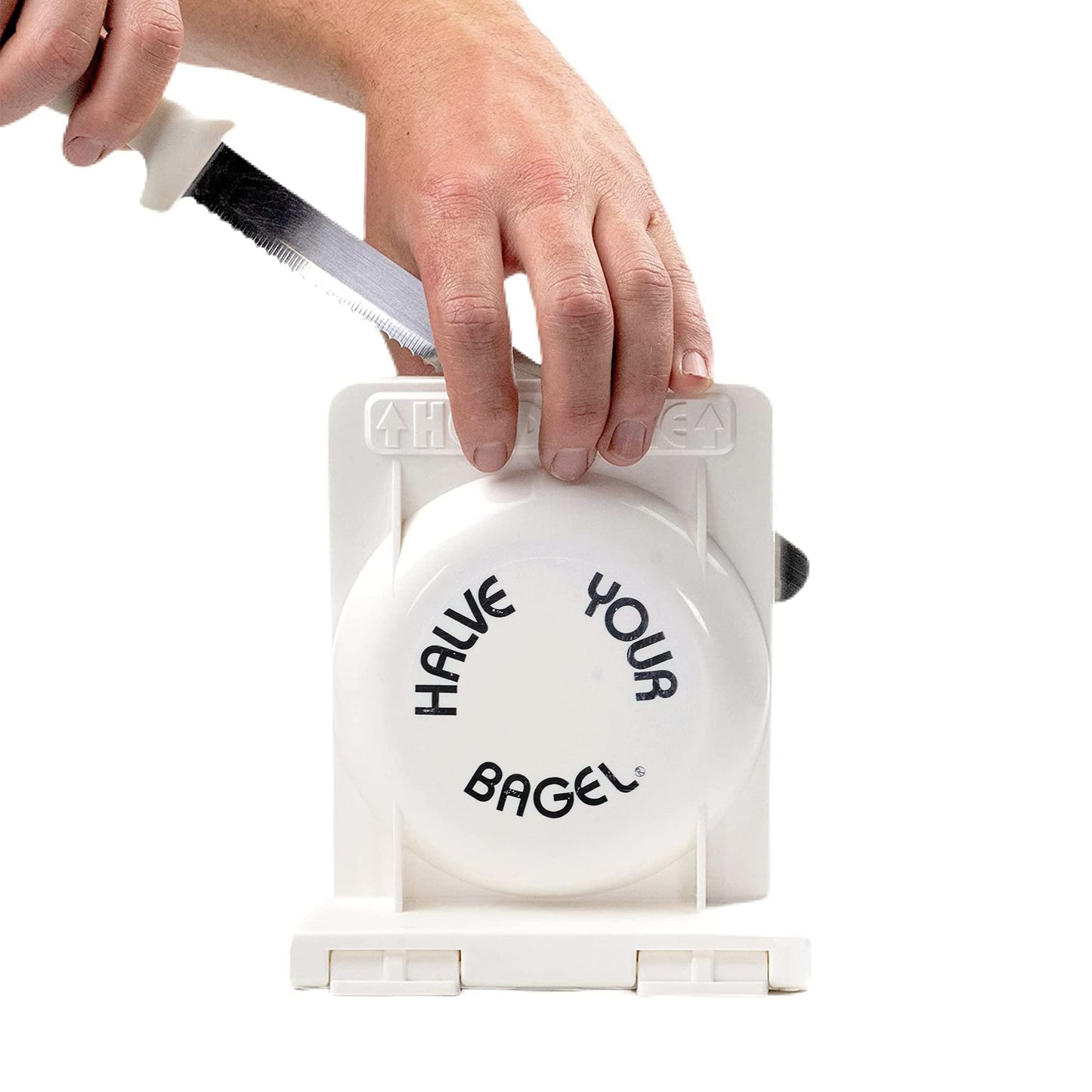 Halve Your Bagel - Bagel Slicer, Durable Kitchen Gadgets. Bagel Cutter with Knife for All Bagel Sizes, Dishwasher-Safe Bagel Cutter Slicer for Home, Bakeries, Coffee Shops, & more. (White)
