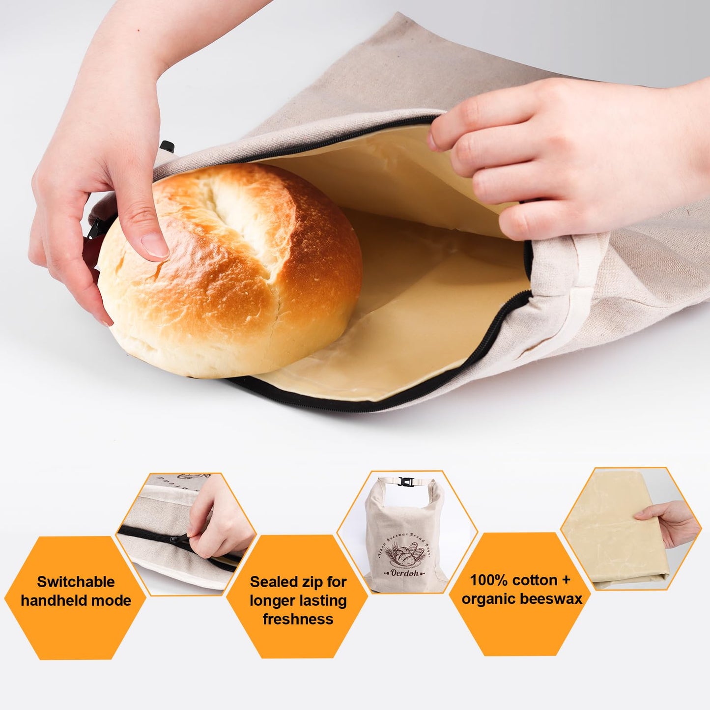 Oerdoh Bread Bags for Homemade Bread - 2 Packs XL Reusable Organic Beeswax Linen Cotton Sourdough Bag, Homesteading Essentials Sourdough Bags with Sealing Zip to Keep Fresh