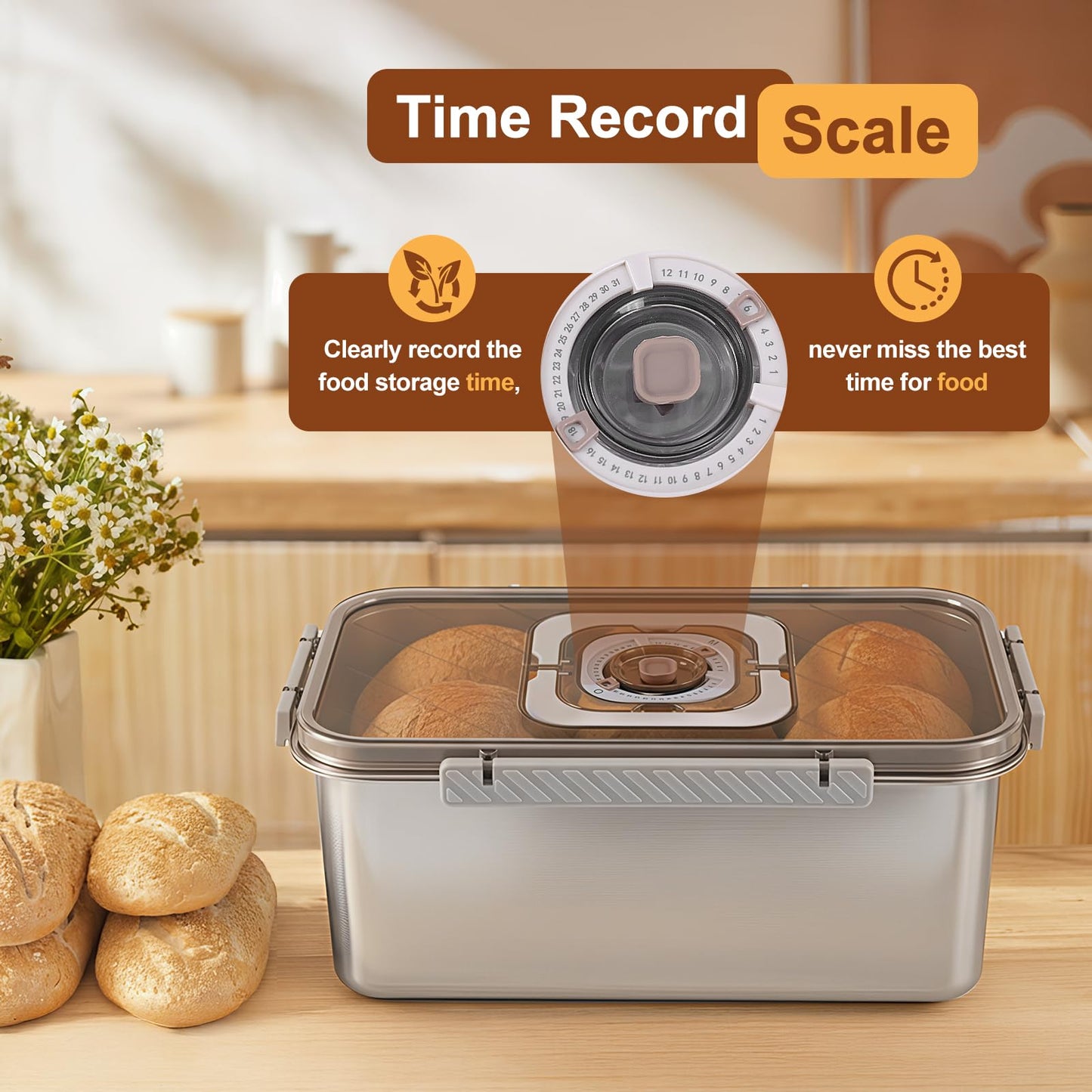 Gifhomfix Bread Box Airtight 304 Stainless Steel Bread Container, Dishwasher Safe Bread Storage for Homemade Bread, Time Recording Bread Storage Container with Lid and Handle