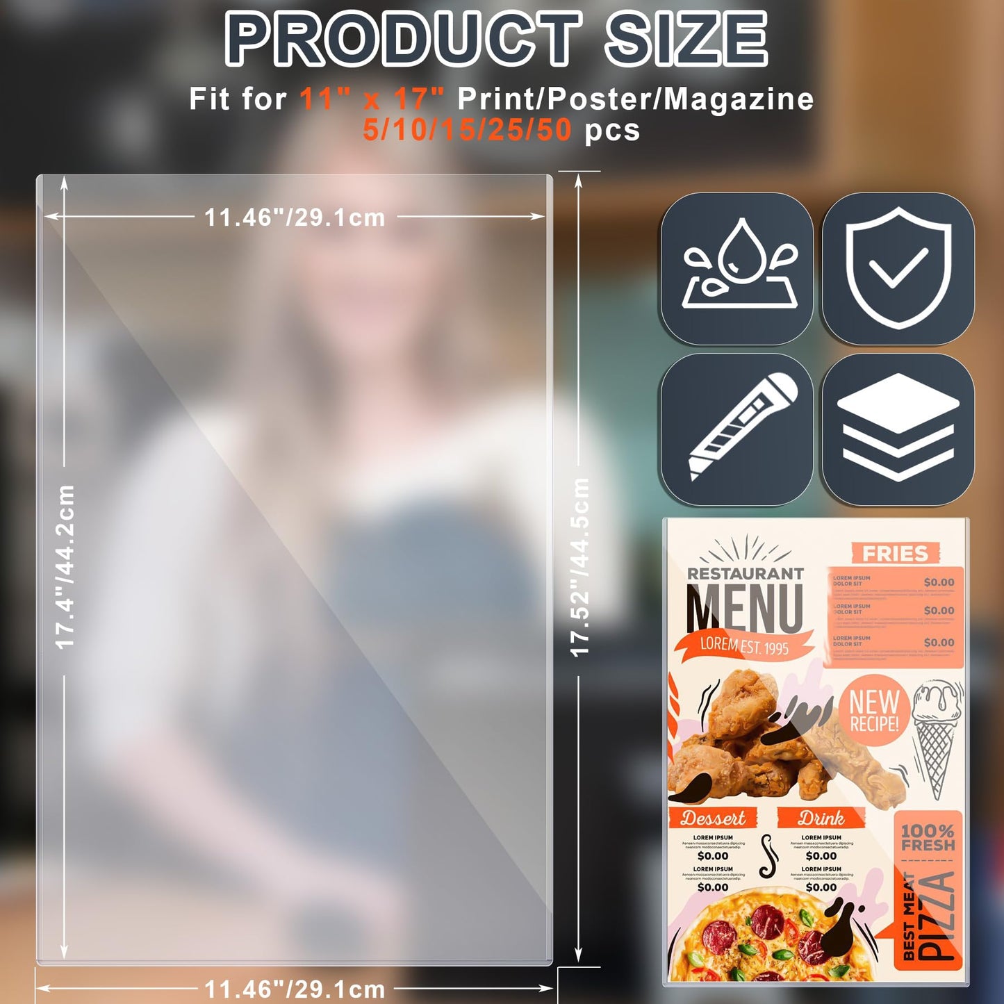 AKONEGE 25Pcs 11" x 17" Rigid Print Protectors Hard Plastic Sleeves for Prints, Menu Cover, Heavy Duty Sheet Poster Protectors Clear Plastic Sleeves for Paper Photos Documents Magazines, Vertical