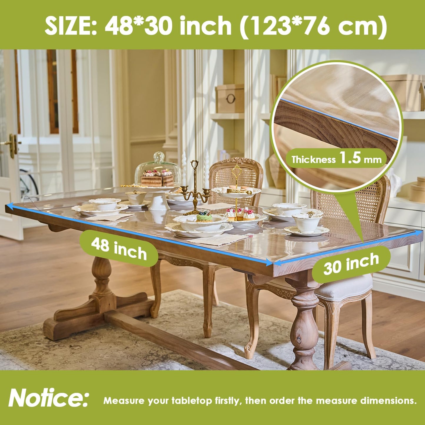 Clear Table Cover Protector 48x30 Inch, 1.5mm Thick PVC Table Pad, Waterproof Dining Tablecloth, Cut to Fit Protector for Wood, Glass & Marble Tables, Perfect for Game Day Watch Soccer Party