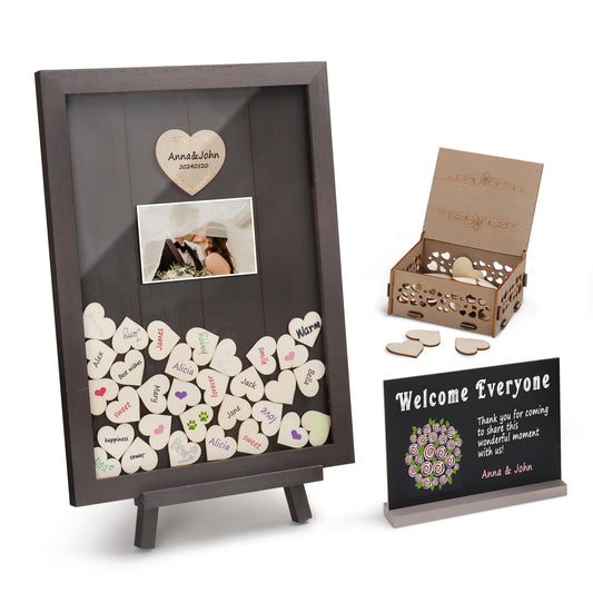 SELEAD Solid Wood Wedding Guest Book Alternative - Rustic Drop Top Picture Frame Sign with Chalkboard, 100pcs Wooden Hearts, Storage Box - Wedding Reception for Party Anniversary Birthday