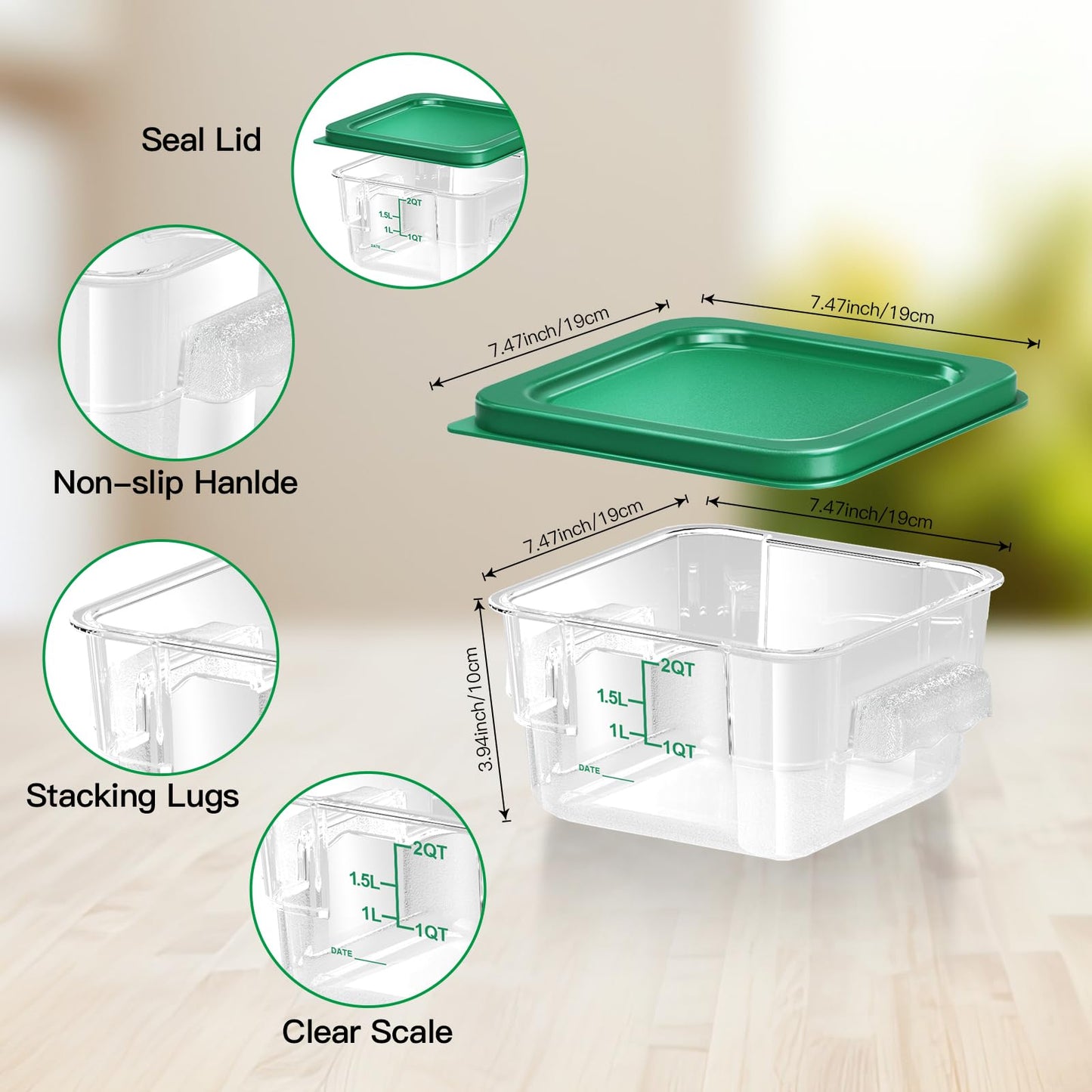 FeyBuosk 6 pcs 2qt Food Storage Containers with Lid, Square Clear Commercial Storage Containers with Handle and Scale for Food Storage in Home Kitchen & Dining (Green)