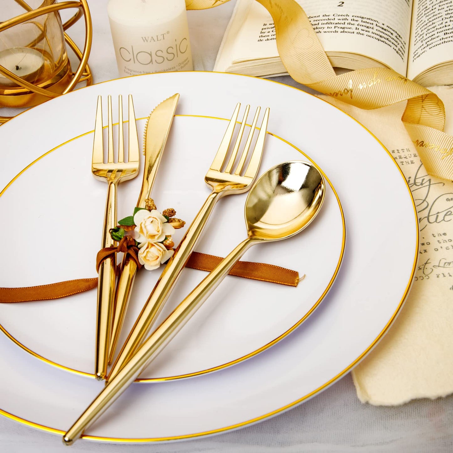 Rubtlamp 180Pcs Gold Plastic Silverware,Luxury Gold Plastic Cutlery,Heavy duty Golden Disposable Flatware, Utensils Set Disposable Include 60Gold Forks,60Gold Spoons,60Plastic Knives for Party,Wedding