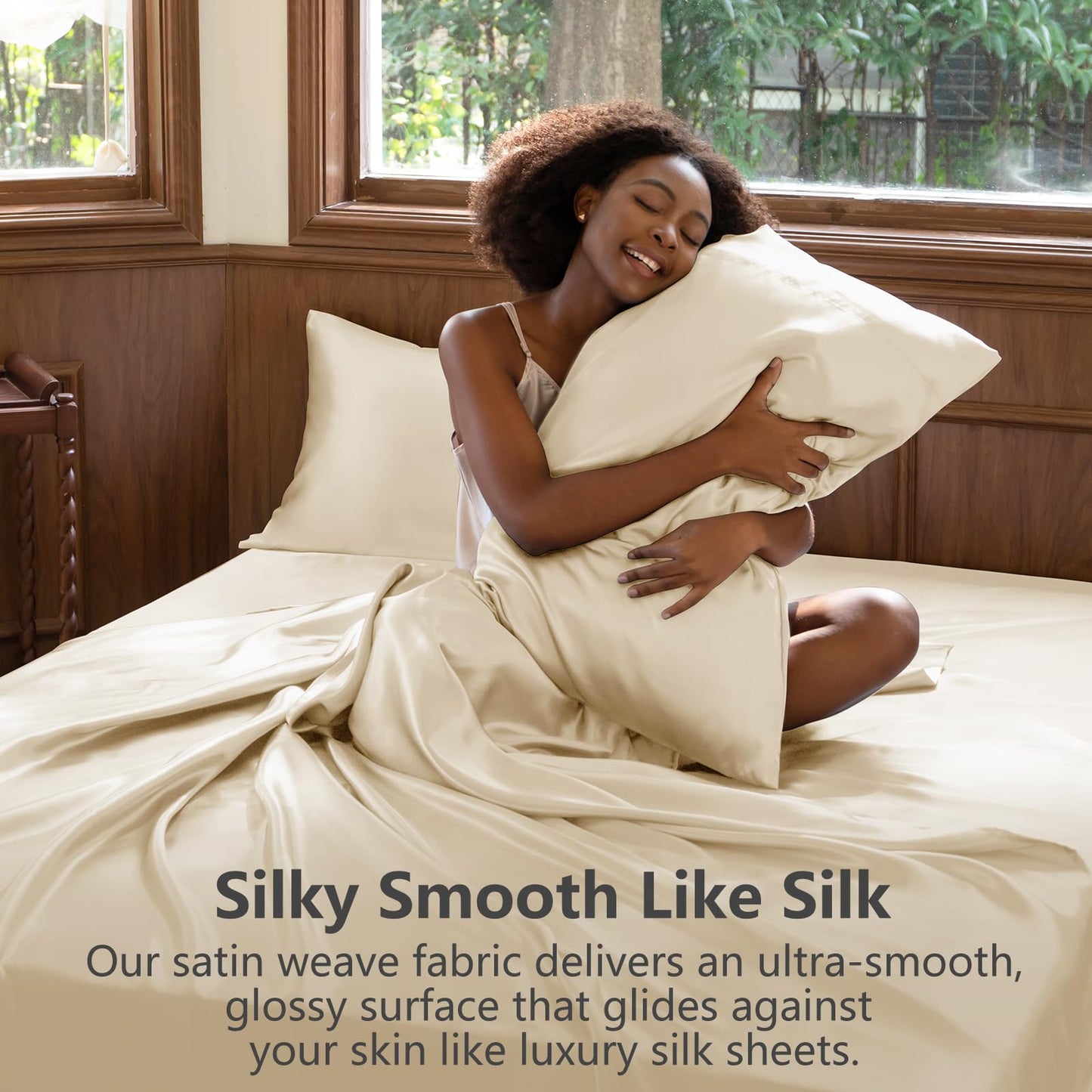 CozyLux Satin Sheets Queen Size Bed Set - Silky Soft Bedding Similar to Silk, 4 Piece Sheet Set for Hair and Skin, Deep Pocket with All-Around Elastic, Home Decor for Bedroom, Champagne
