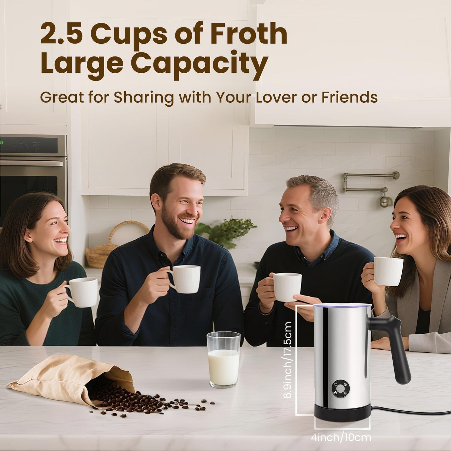 Milk Frother, 4-in-1 Milk Frother and Steamer, 10.6oz Electric Milk Steamer, Automatic Cold and Hot Foam Maker for Lattes, Cappuccinos, Ceramic Lining Interior (Polished)